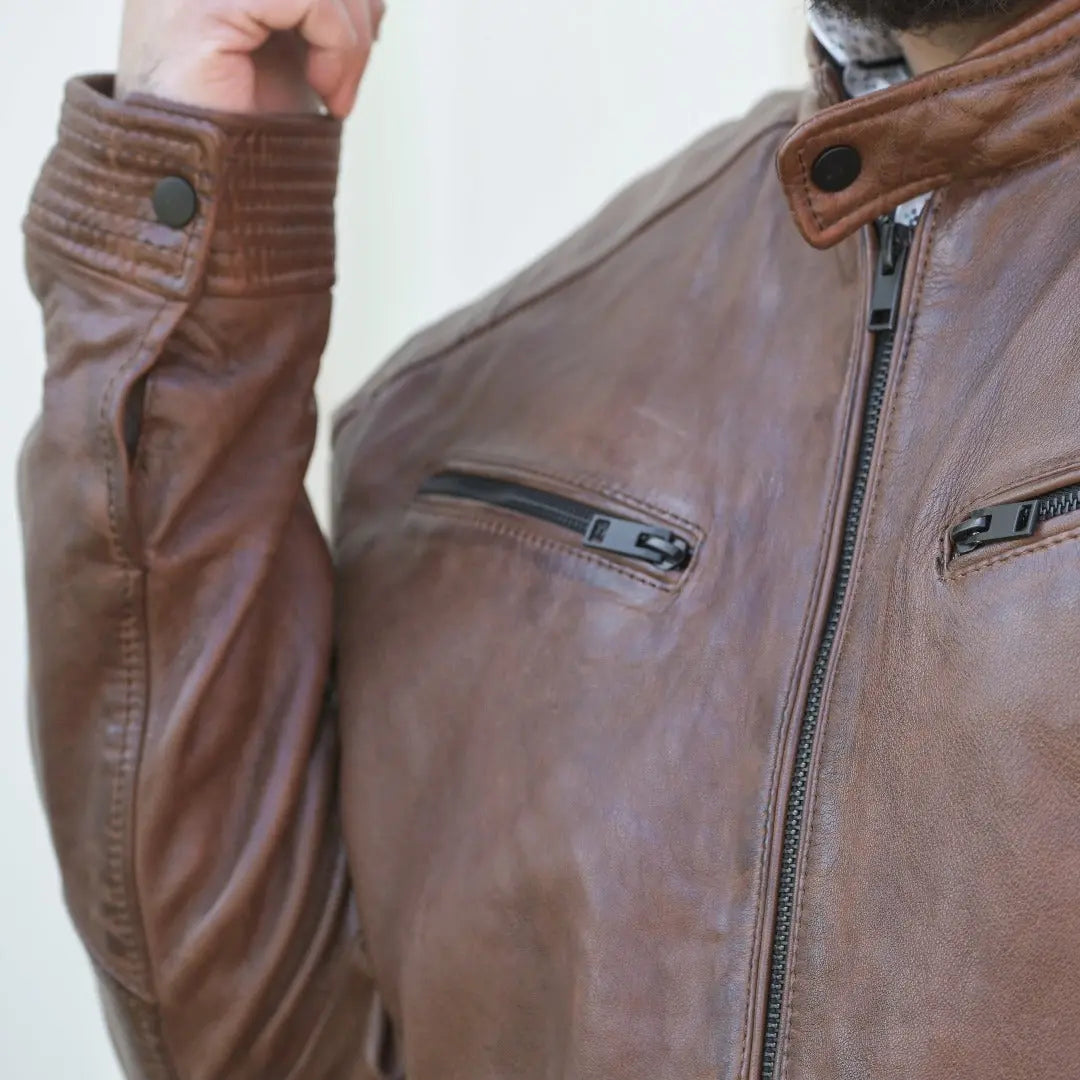 Men's Snap Collar Leather Jacket - Classic Biker Style Jacket for Men | Genuine Leather Motorcycle Jacket | Perfect for Riding, Casual Wear & Outdoor Activities