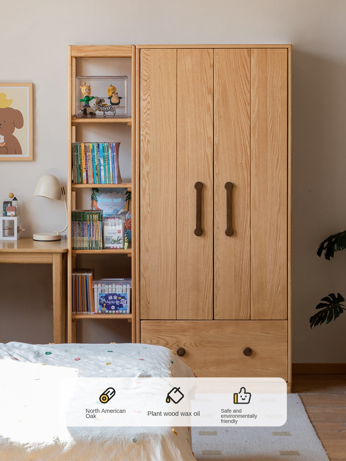 Premium Oak Solid Wood Kids Wardrobe - Multi-Functional Storage Organizer for Clothes, Toys & Books - Perfect for Bedroom, Nursery & Playroom Organization