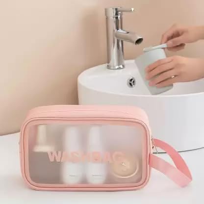 STRIPES® Essentials Clear Travel Toiletry Bag for Women - Waterproof Cosmetic Organizer with Zipper Closure | Makeup Storage Pouch | Perfect for Travel, Gym, and Daily Use - Pink (XJ6017_M)