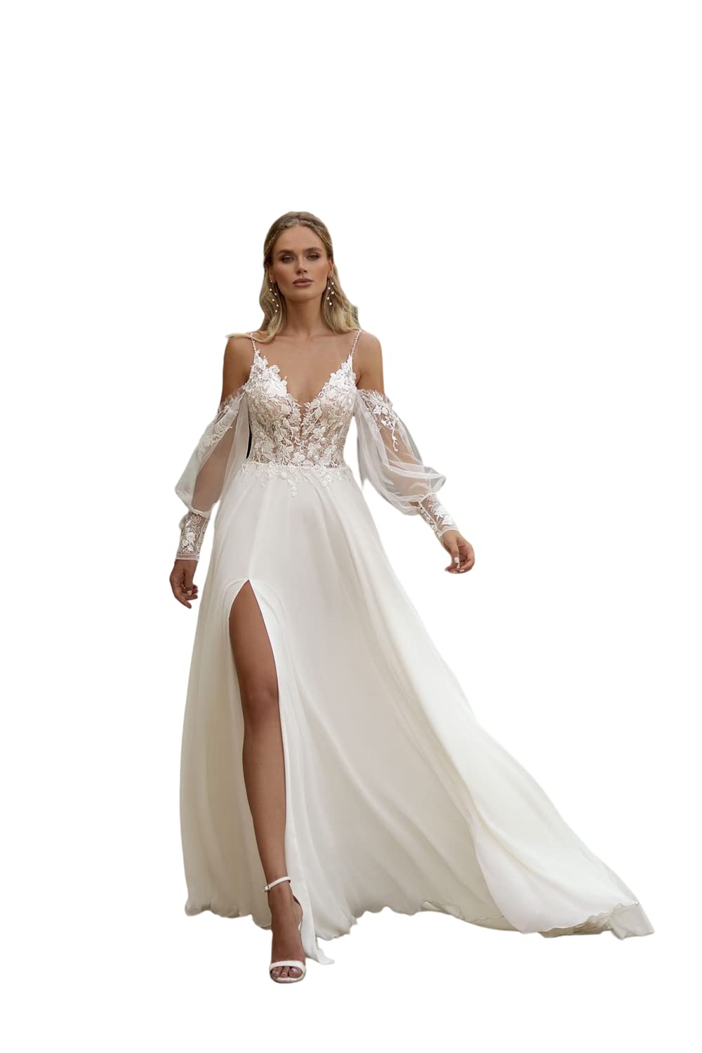 Elegant Long Sleeve V-Neck A-Line Chiffon Wedding Dress with Floral Lace Appliques - Perfect for Church Ceremony, Garden Wedding & Romantic Photoshoots