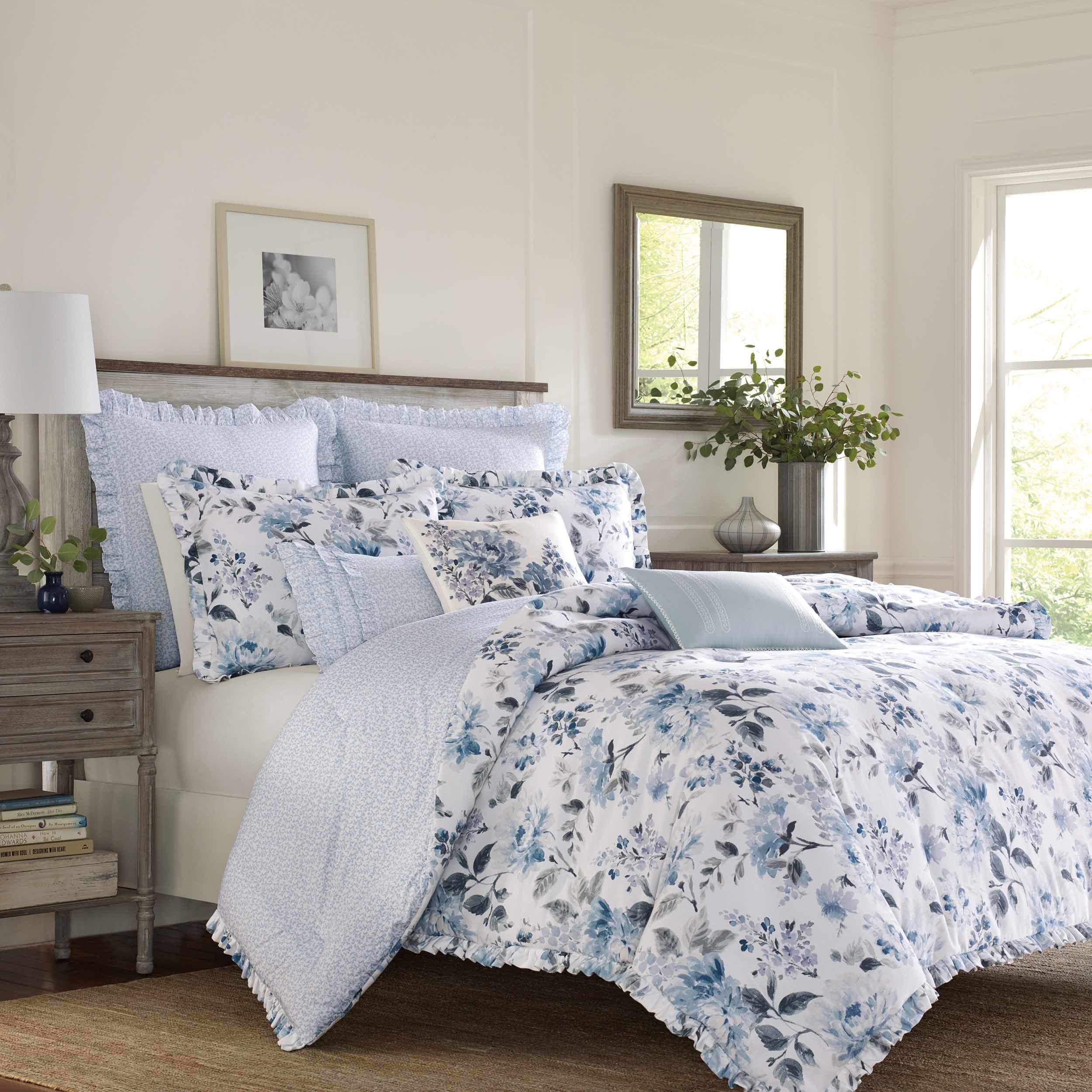 Laura Ashley Home - Twin Comforter Set, Reversible 100% Cotton Bedding with Matching Sham, All-Season Luxury Bedding for Teens & Adults (Chloe Blue, Twin) - Perfect for Guest Rooms, Dorm Decor & Cozy Bedroom Makeovers