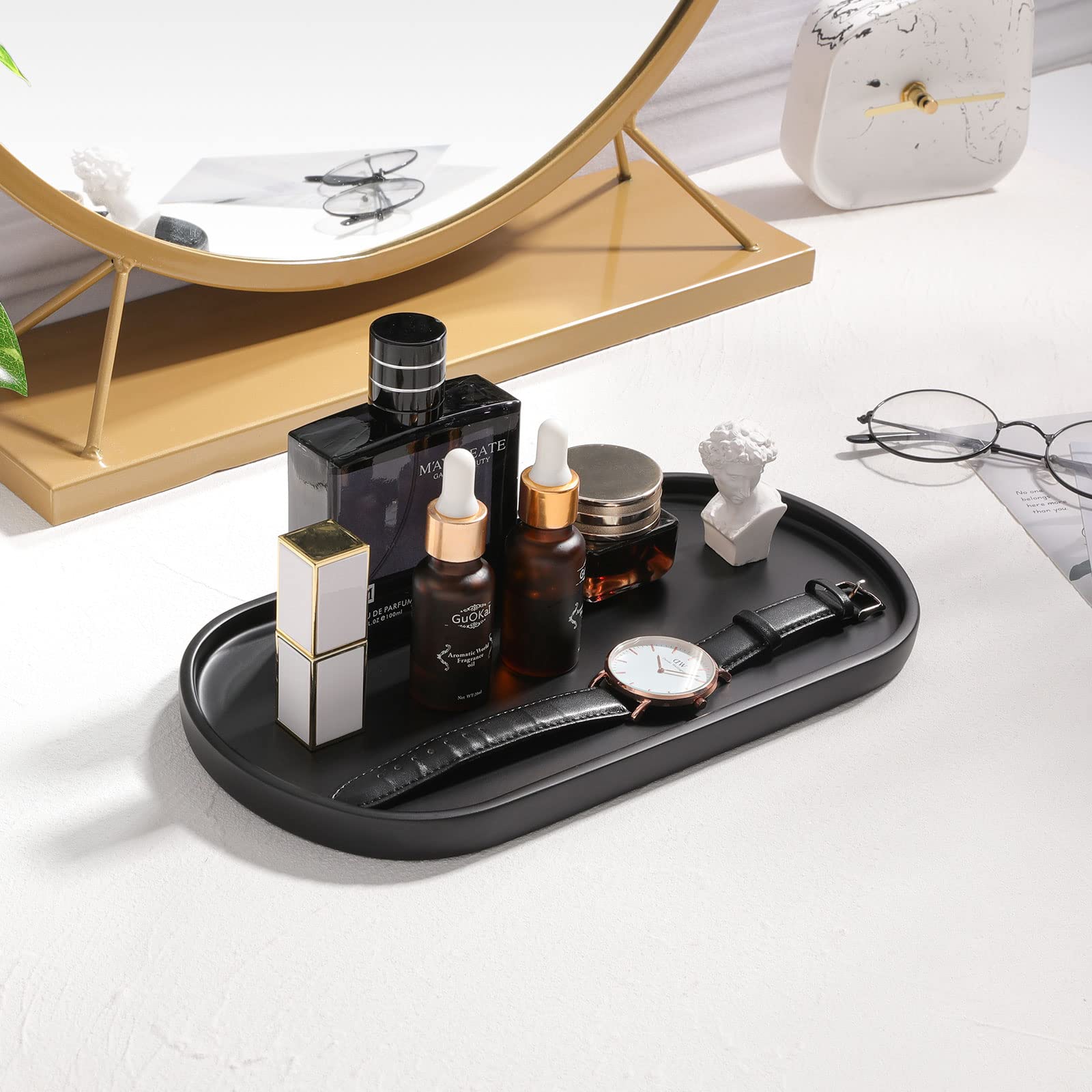 Luxspire Oval Bathroom Vanity Tray - Handmade Resin Soap Dispenser & Jewelry Organizer - Matte Black Marble Countertop Tray for Bathroom, Kitchen & Toilet Tank - Perfect for Perfume Display, Jewelry Storage & Home Decor