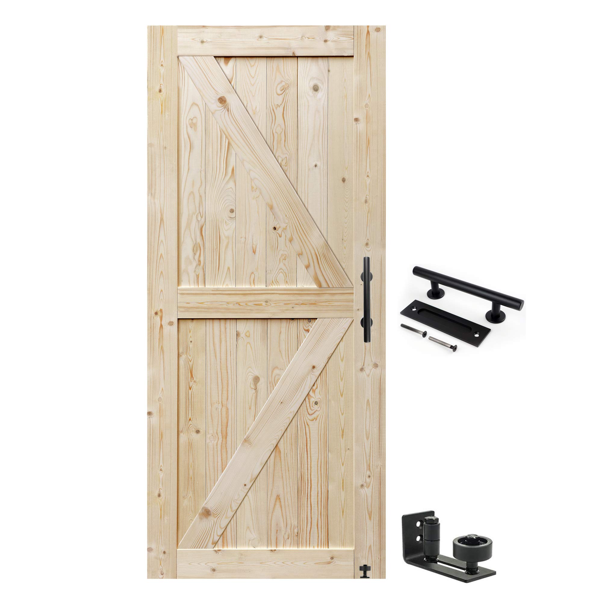S&Z TOPHAND 34x84 Inch Solid Wood Barn Door with Handle Set & Floor Guide - Unfinished British Brace Design (20-54 Inch Sizes) - Easy Assembly for Bedroom, Closet, or Home Office Sliding Door