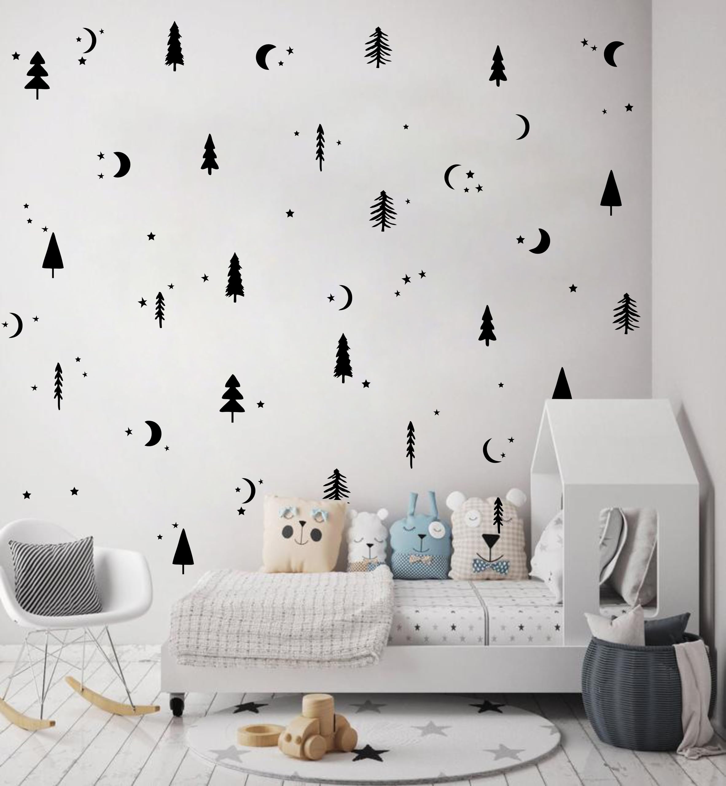 Starry Night Forest Wall Decals - Moon and Stars Peel & Stick Removable Wall Stickers for Kids Room & Nursery Decor - Black (Perfect for Bedroom, Playroom & Dorm Room Wall Art)