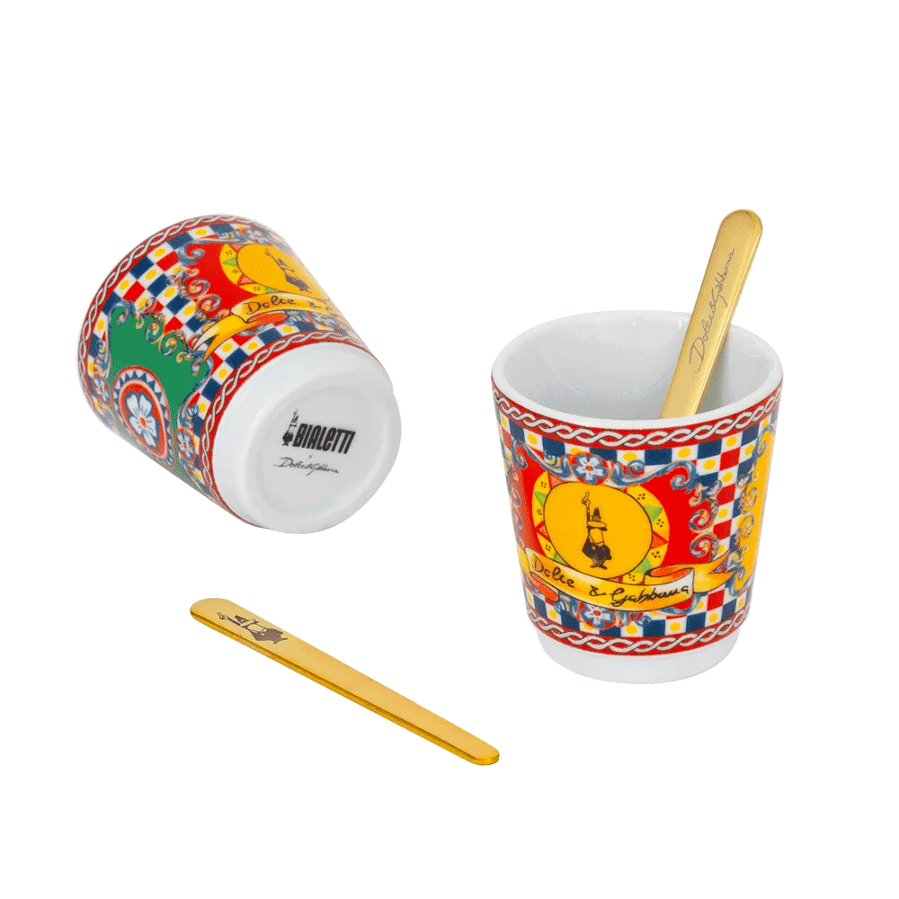 Bialetti Dolce&Gabbana Sicilian Cart Moka Express Stovetop Espresso Maker with Cups & Stirrer - Italian Coffee Gift Set for Home, Office & Travel
