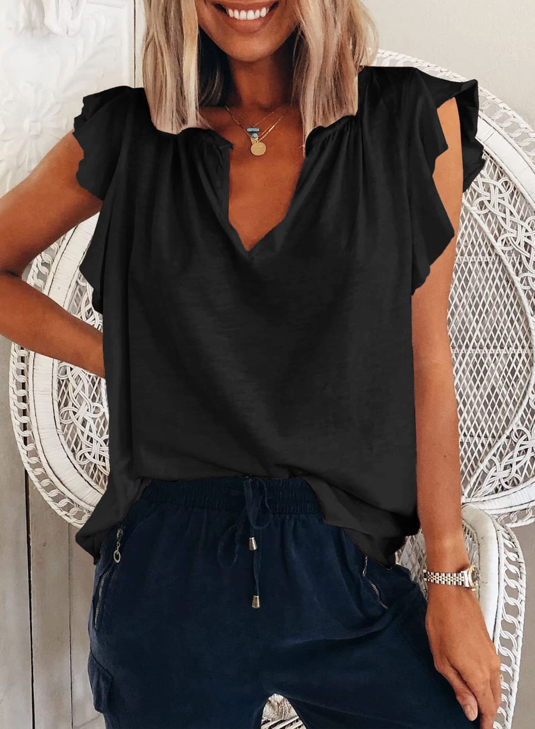 Kikula Women's Summer Tops - Cute Trendy Ruffle Cap Sleeve V-Neck T-Shirts for Casual & Dressy Outfits | Perfect for Beach, Office & Date Nights