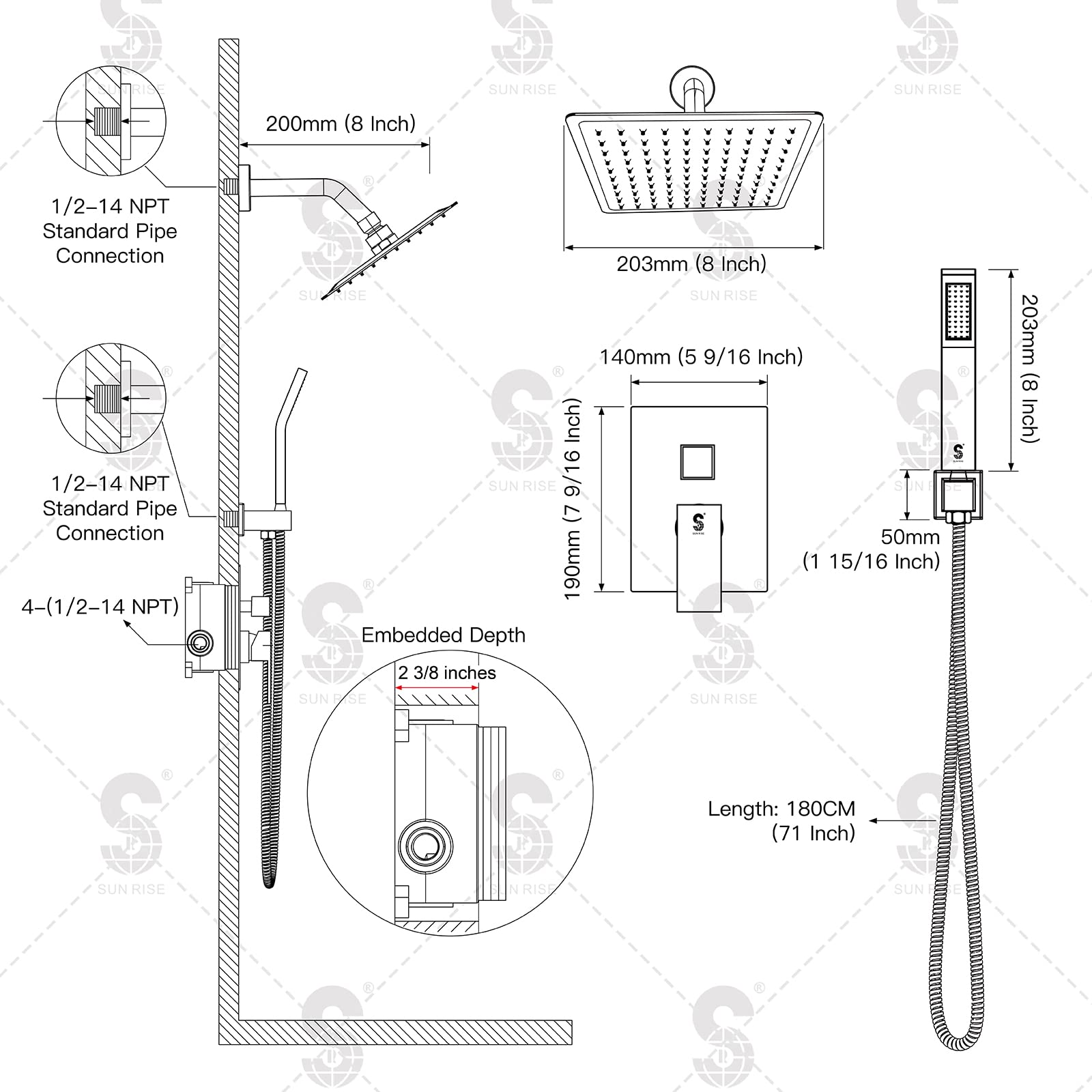 SR SUN RISE 8-Inch Rainfall Shower System Set - Wall Mounted Brushed Nickel Shower Faucet with Handheld Spray & Rough-In Valve - Complete Bathroom Shower Kit for Luxury Spa Experience at Home