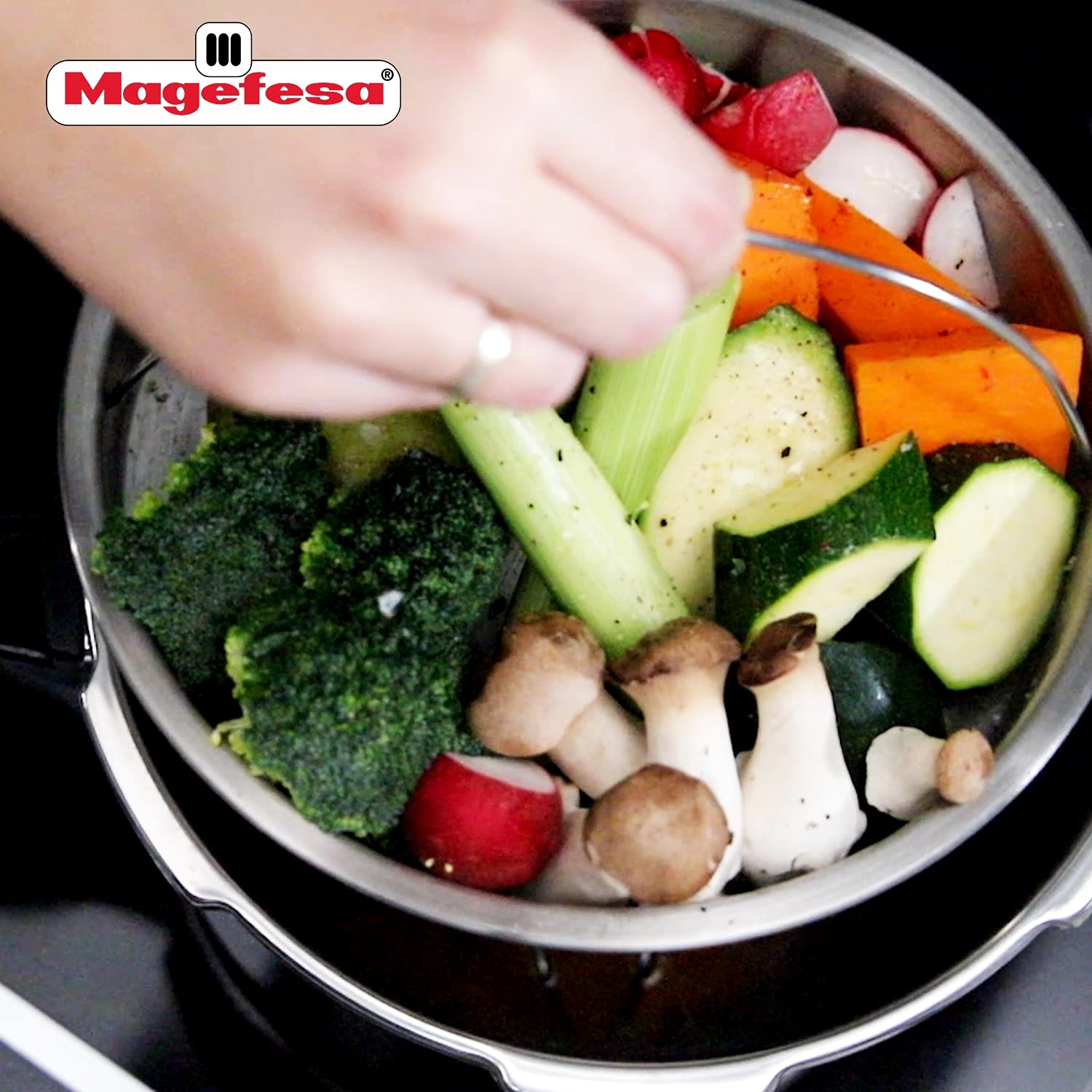 MAGEFESA Stainless Steel Perforated Steamer Basket with Tripod - 7.9 Inch (20cm) Universal Fit for Pressure Cookers & 8.7 Inch (22cm) Kitchen Utensils - Perfect for Steaming Vegetables, Seafood & Dumplings