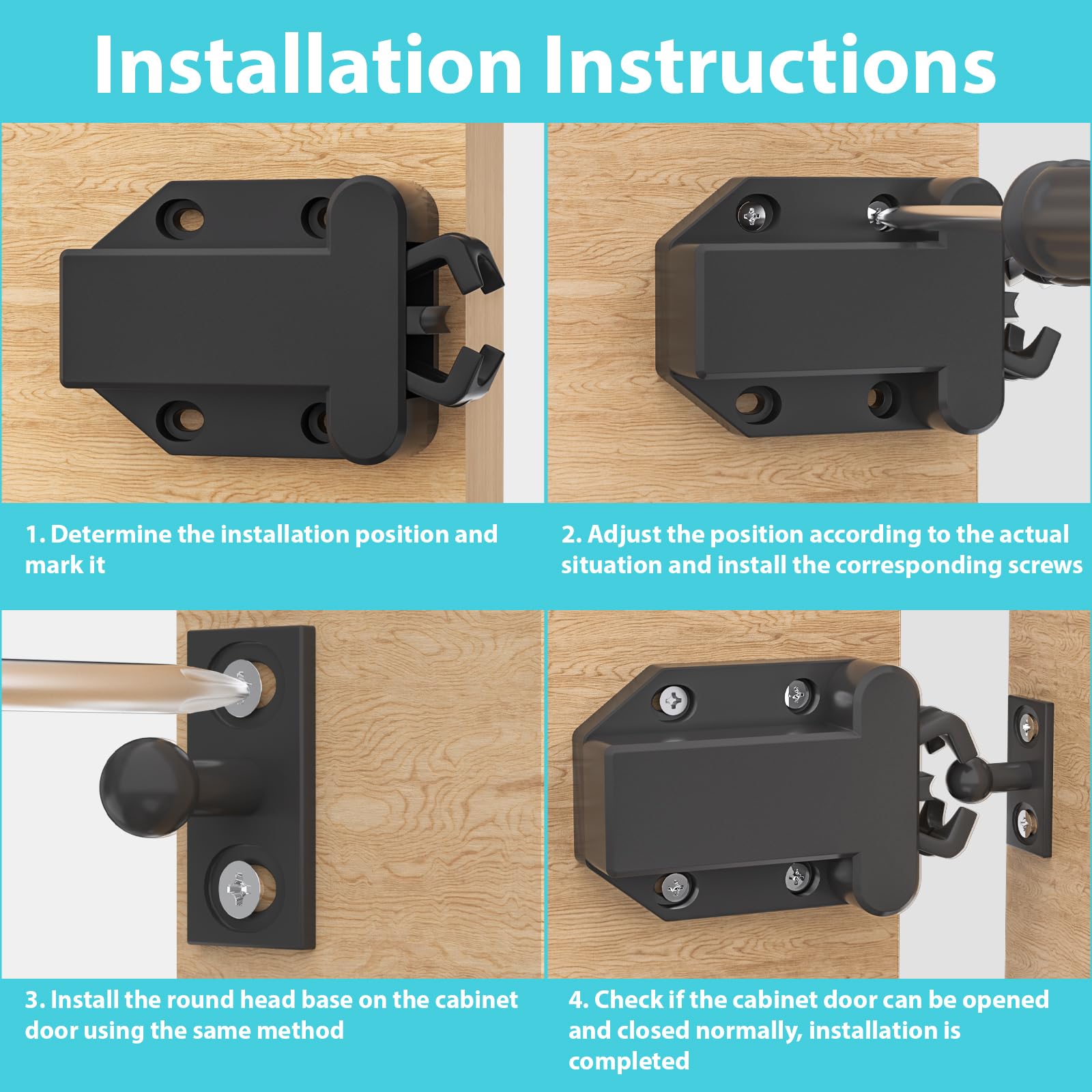 Black 4-Pack Cabinet Push Latch - Push to Open Self-Locking Catch for Cabinet, Drawer, Wardrobe & Kitchen Door | Durable Rebound Latch Hardware for Easy Access (Perfect for Home, Office & RV Organization)