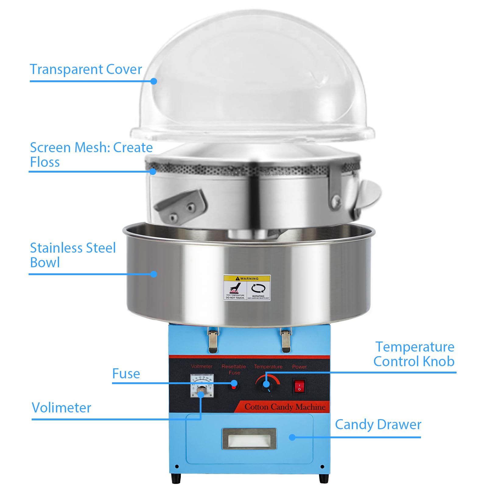 Commercial Cotton Candy Machine 1000W - Stainless Steel Bowl, Sugar Scoop & Drawer - Perfect for Home, Carnivals, Kids Birthday Parties & Family Events (Blue) | DIY Sweet Treats for Fairs, Events & Home Entertainment