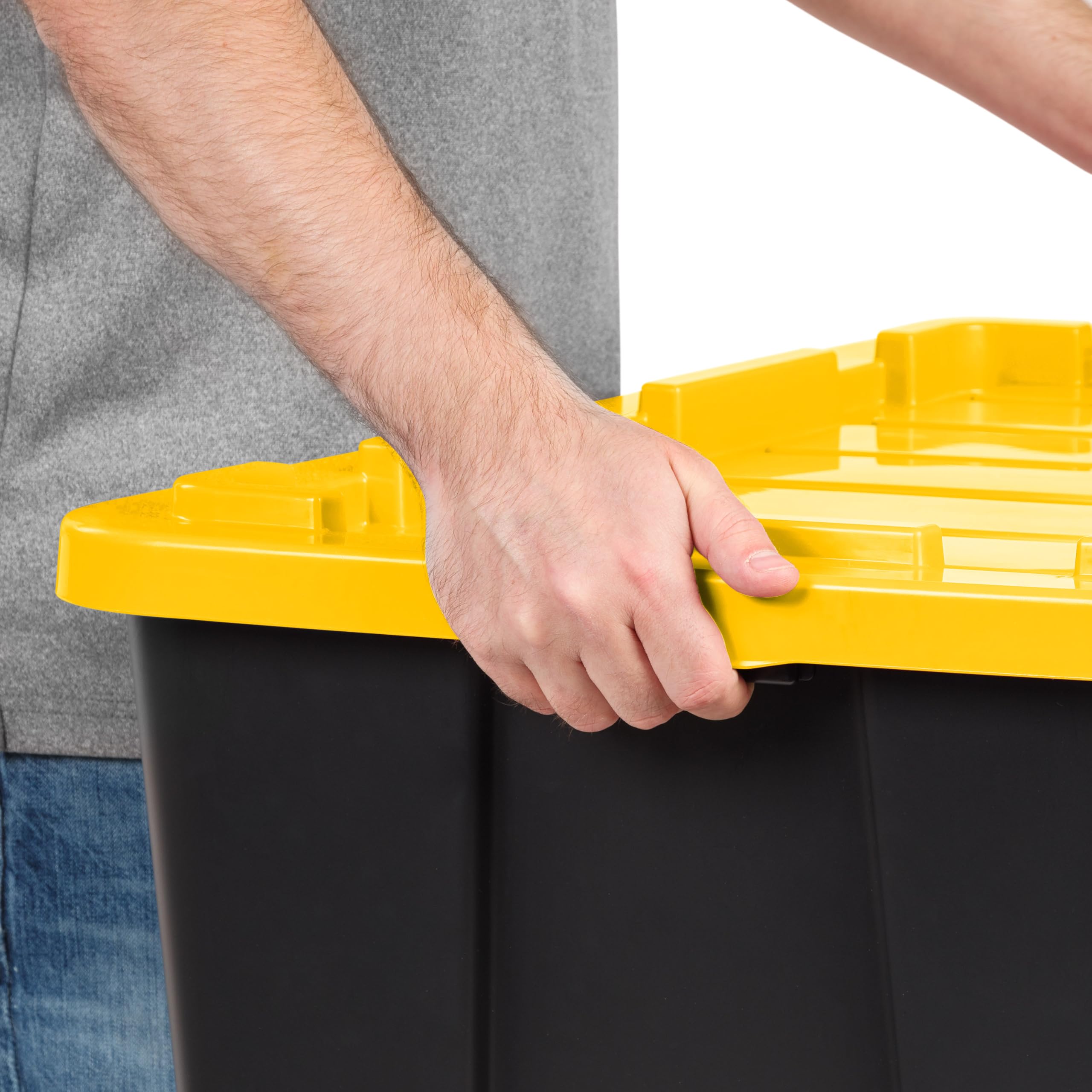 IRIS USA 27 Gallon Heavy Duty Truck Bed Toolbox Storage Tote Bins with Lids, 4 Pack - Made in USA, Durable Snap-On Lids, Stackable Industrial Tubs for Garage Organization, Workshop & Warehouse Storage - Black/Yellow