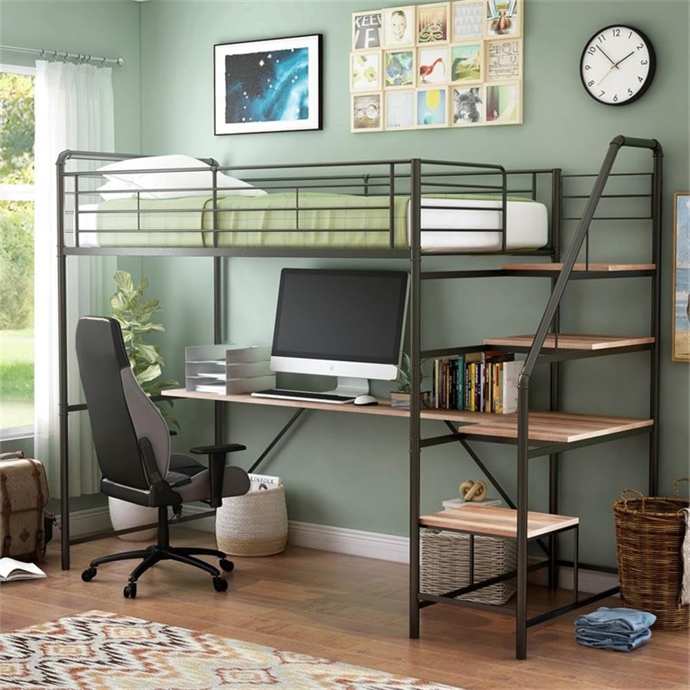 Pico Metal Twin Loft Bed with Workstation in Sand Black - Space-Saving Study & Sleep Solution for Kids & Teens | Durable Metal Frame & Built-in Desk | Perfect for Small Bedrooms, Dorms & Apartments