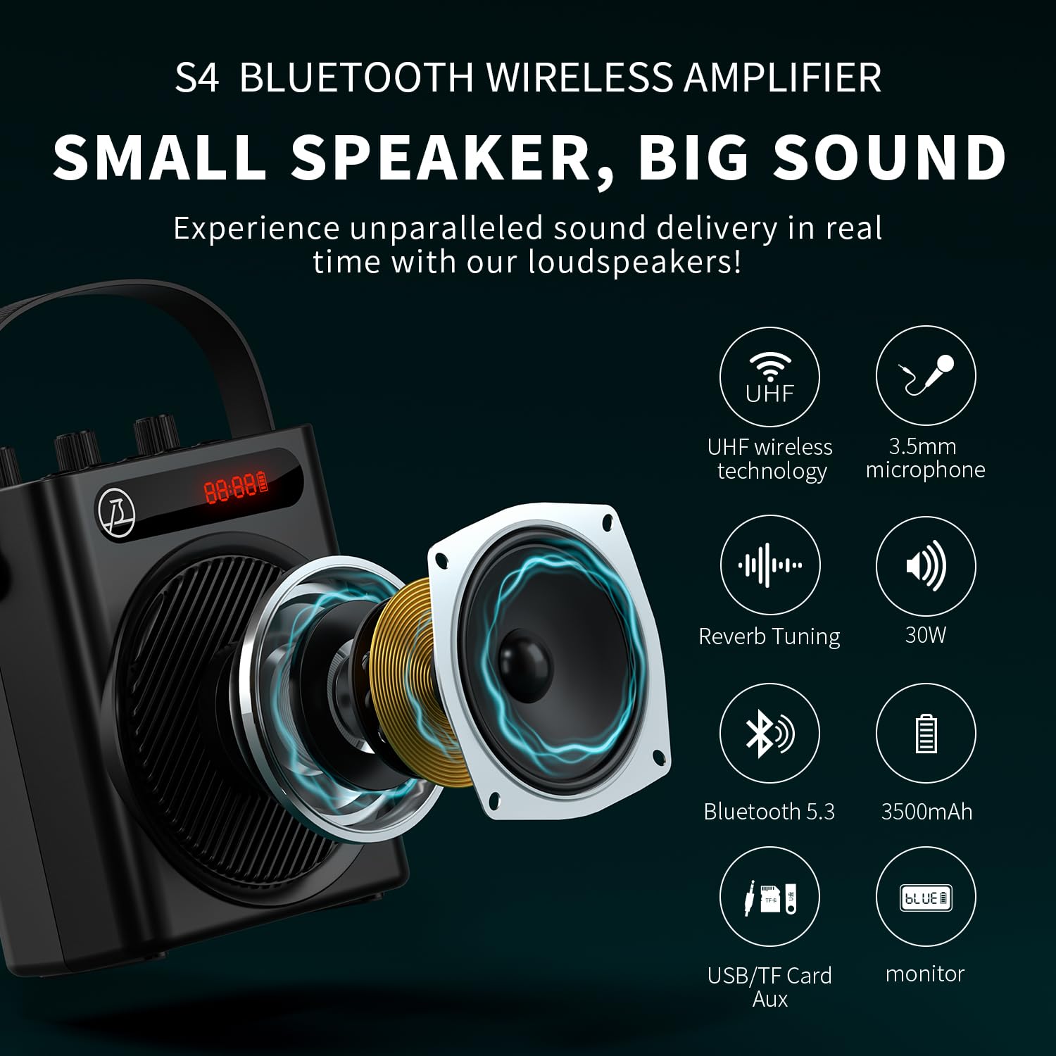 SAINTLARK S4 Bluetooth 5.3 Voice Amplifier - 30W Wireless & Wired Microphone Headset with 3500mAh Rechargeable Battery for Teachers, Trainers, Yoga Instructors, Public Speakers - Perfect for Classrooms, Gyms, Meetings & Outdoor Events