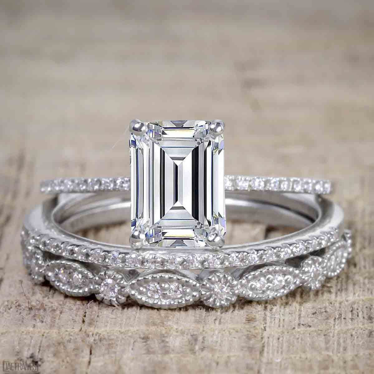 1.50 Carat Emerald Cut Moissanite Diamond Trio Bridal Engagement Ring Set in 10k White Gold - Perfect for Wedding, Proposal & Anniversary Gifts