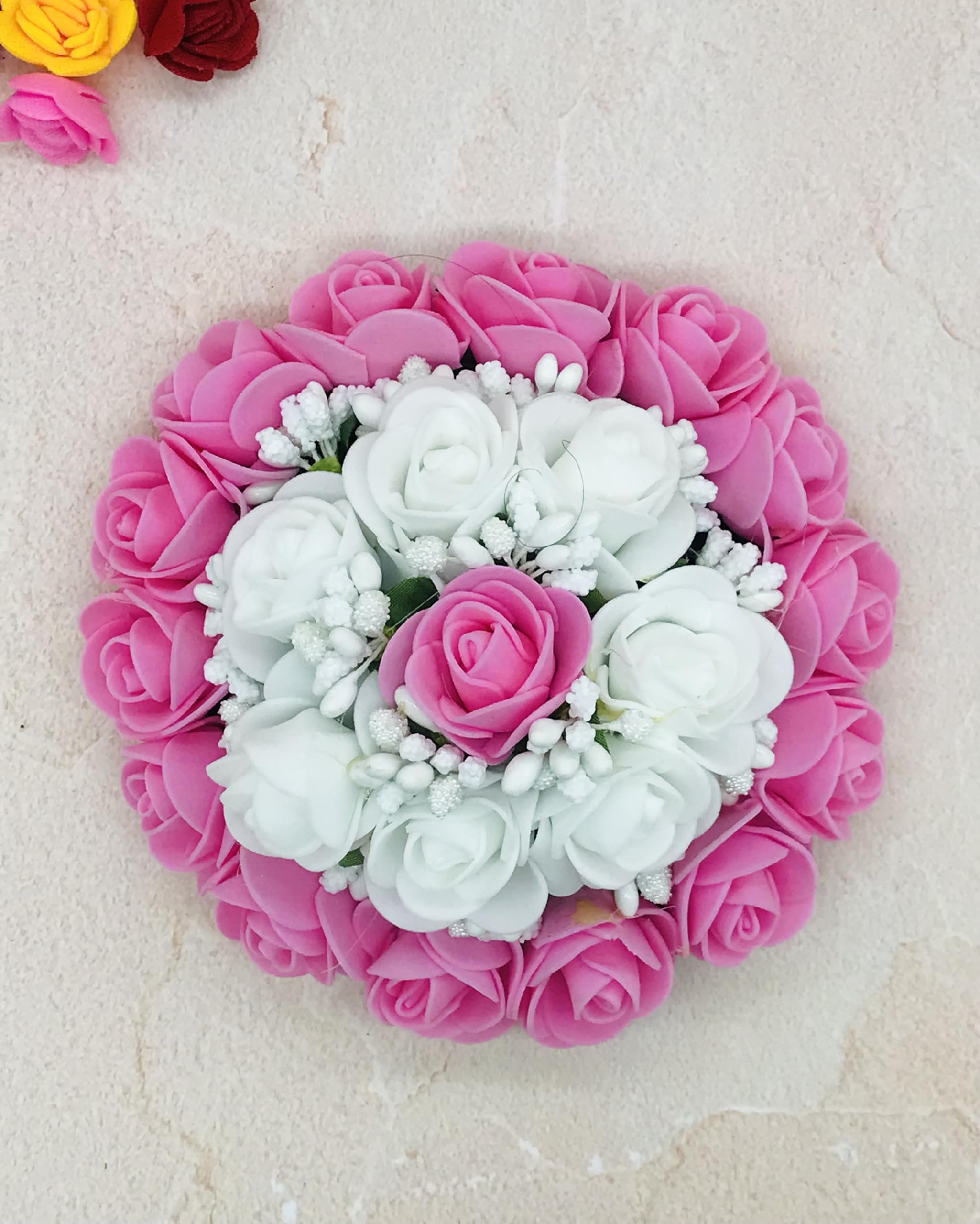 Gadinfashion™ Artificial Flower Juda Bun/Gajra Hair Accessories for Women & Girls - Pack of 1 (Pink & White) | Perfect for Weddings, Parties & Festive Occasions