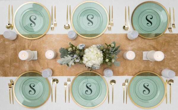 13 Inch Green and Gold Rim Plastic Charger Plates Set of 4 - Elegant Dinner Party Tableware for Weddings, Holidays & Formal Dining