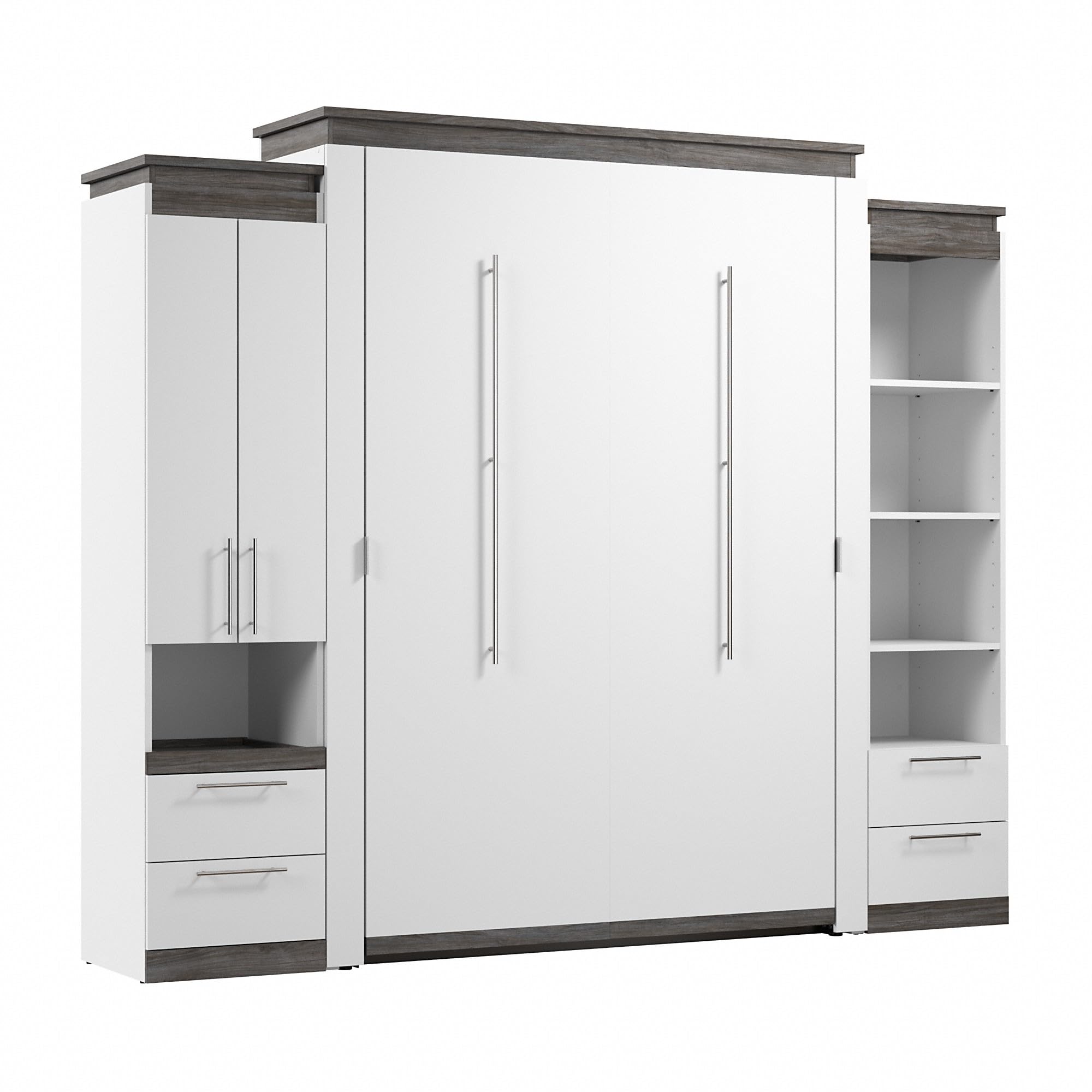 Bestar Orion Queen Murphy Wall Bed with Storage Cabinet & Tall Shelf with Drawers - Space Saving Fold Down Bed for Small Rooms, Guest Rooms & Apartments (106W, White & Walnut Grey)