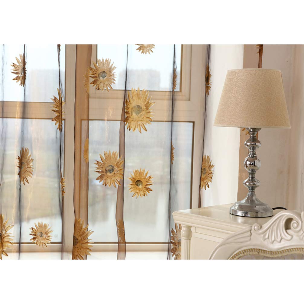 BESPORTBLE Crushed Voile Sheer Curtains - Flax Linen Window Treatments with Sunflower Pattern, Semi-Transparent Tulle Drapes for Living Room & Bedroom (Set of 2 Panels)