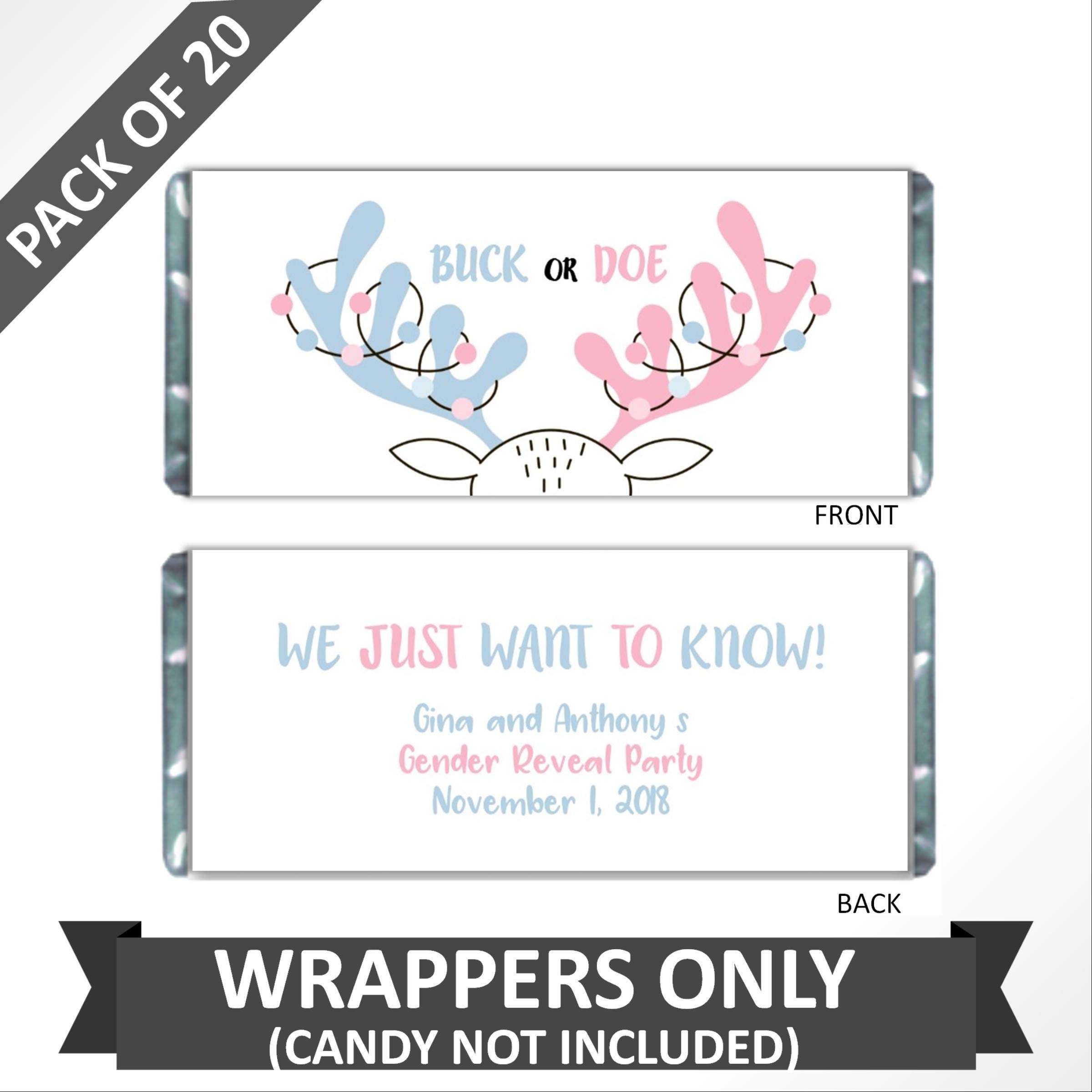 Custom Gender Reveal Candy Wrappers - Personalized Hershey Bar Labels for Baby Shower, Buck or Doe Party Favors (Pack of 20) - Perfect for Baby Gender Announcements & Gender Reveal Parties