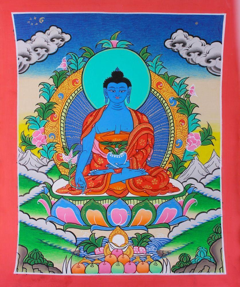 Authentic Hand-Painted Tibetan Medicine Buddha Thangka Wall Art - Spiritual Buddhist Decor for Meditation & Healing Spaces