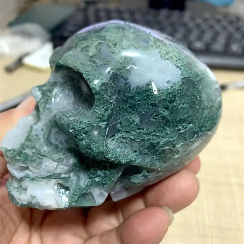 Natural Moss Agate Skull Carving - Healing Crystal Gemstone Sculpture for Home Decor, Meditation & Spiritual Healing (1PC) | Perfect for Yoga Spaces, Altars & Gift Giving