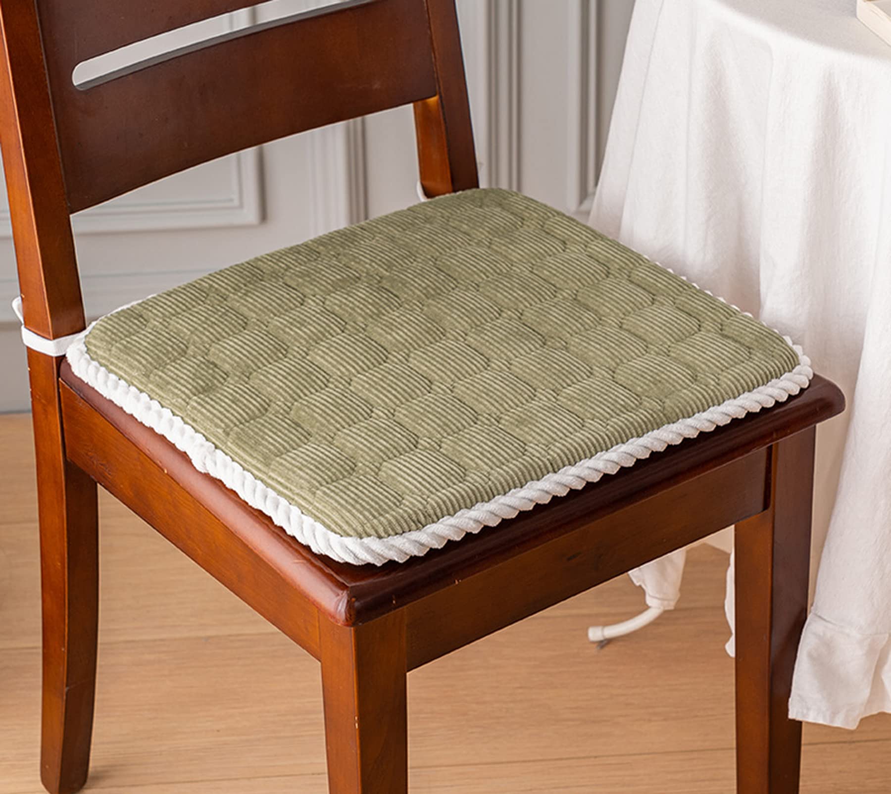 4-Pack Corduroy Dining Chair Pads with Ties - Non-Slip Square Seat Cushions for Kitchen, Living Room, Office & Outdoor Patio - Soft Comfort (Medium, Green) | Perfect for Home Decor, Entertaining Guests & Daily Comfort
