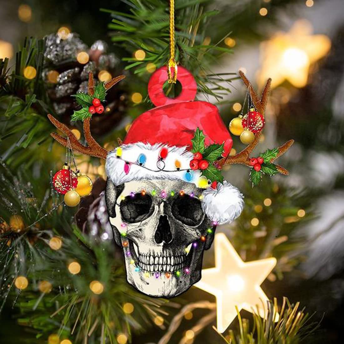 Skull Santa Christmas Ornaments & Car Pendant Decor - 10-Piece Mica Plastic Holiday Tree Decor Set for Christmas, Home, and Car Interior | Perfect for Xmas Tree, Rearview Mirror & Festive Gift Giving