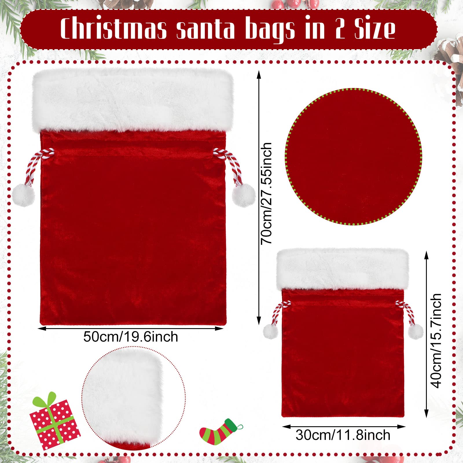 Shappy 2-Piece Christmas Velvet Santa Gift Bags with Drawstring - Large & Small Size Holiday Present Sacks for Xmas Toys, Decorations & Party Favors (Red)