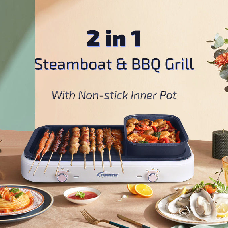 2-in-1 Steamboat & BBQ Grill Multi Cooker with Non-Stick Inner Pot (PPMC763) - Perfect for Hot Pot Parties, Family Gatherings & Outdoor Cooking