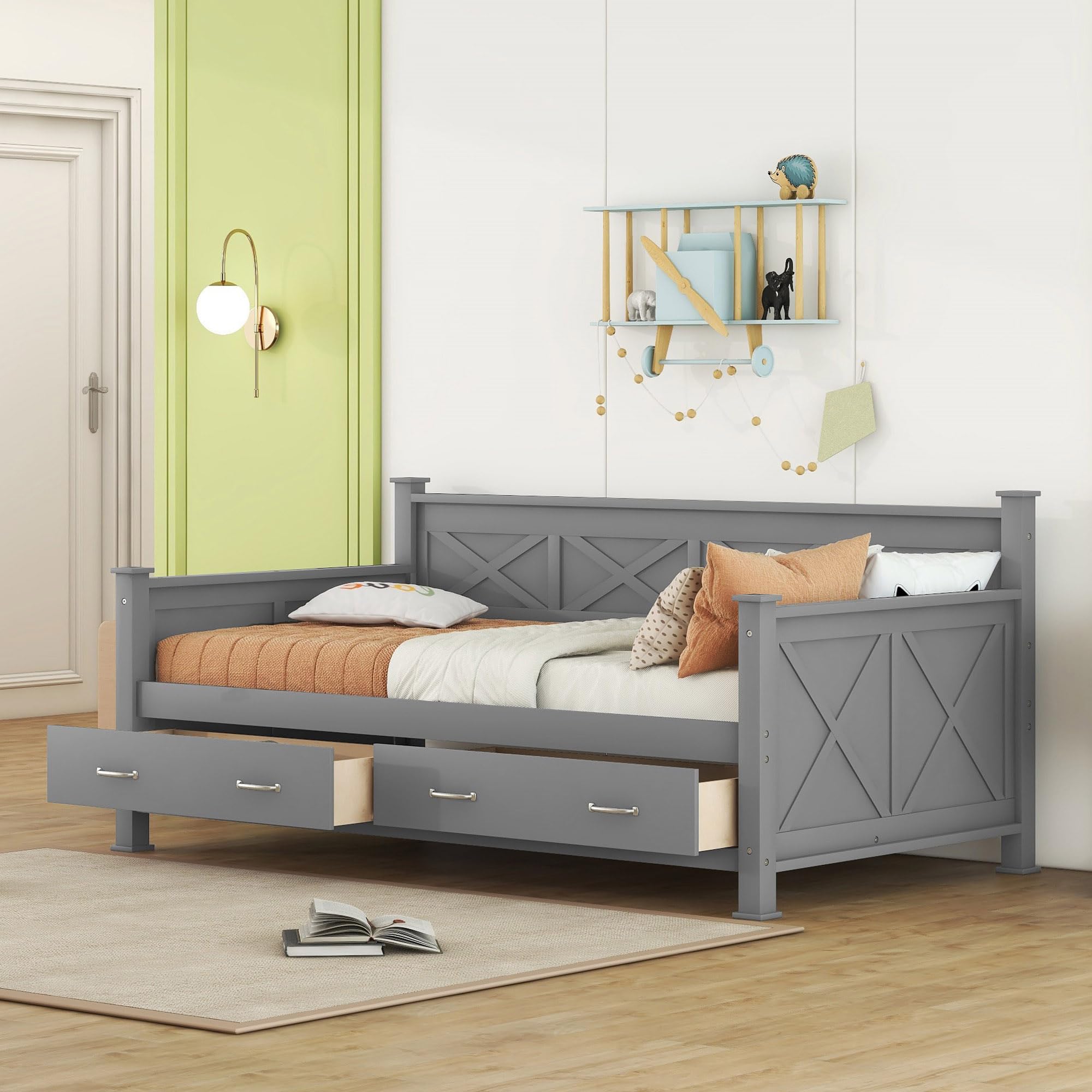 Wooden Daybed with 2 Storage Drawers - Gray Platform Bed for Kids & Guest Room - Space-Saving Furniture for Small Bedrooms, Sleepovers, and Dorm Rooms