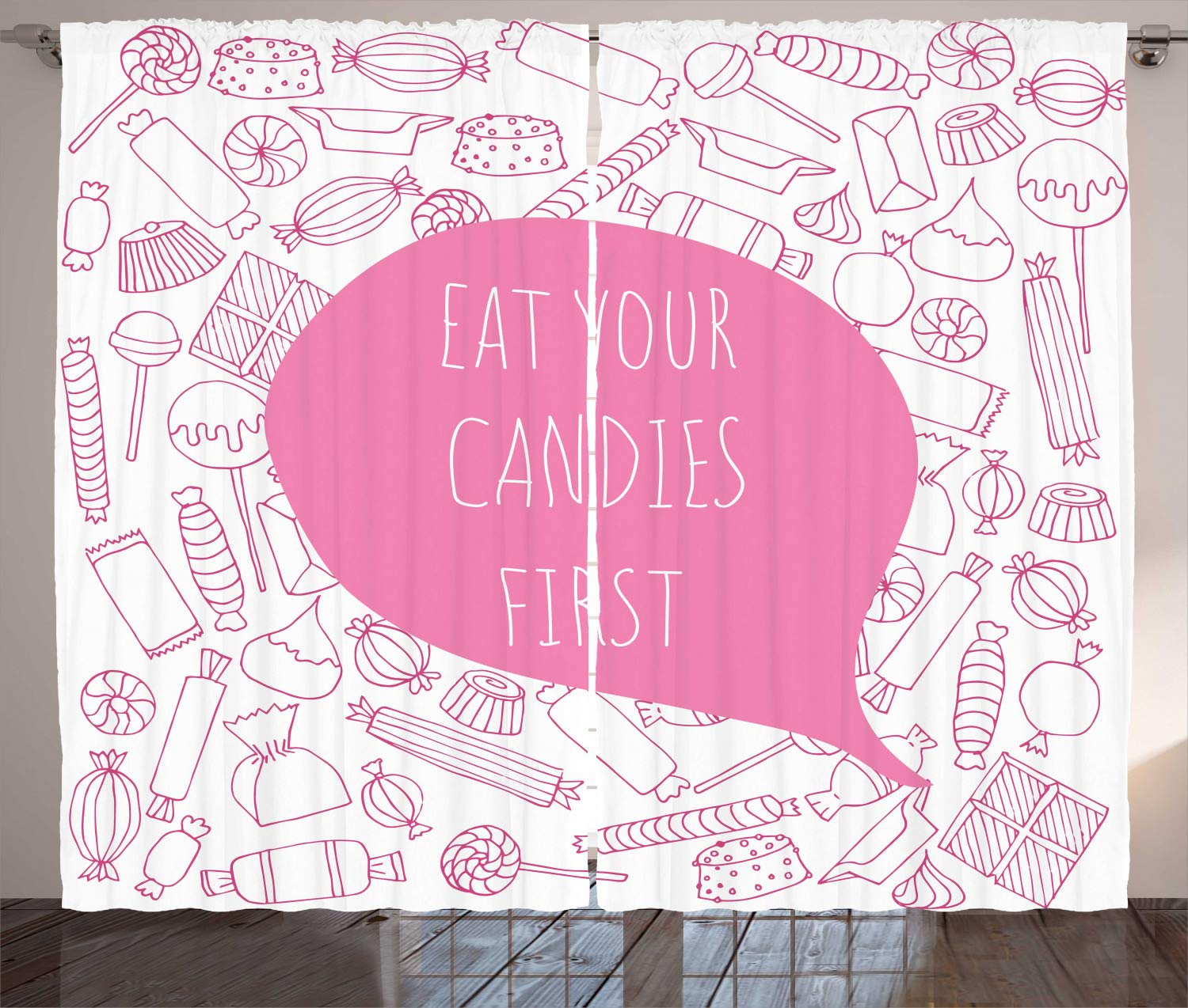 Ambesonne Funny Saying Curtains - 'Eat Your Candies First' Speech Bubble Design, Pink & White Window Drapes for Living Room & Bedroom, 2 Panel Set (108