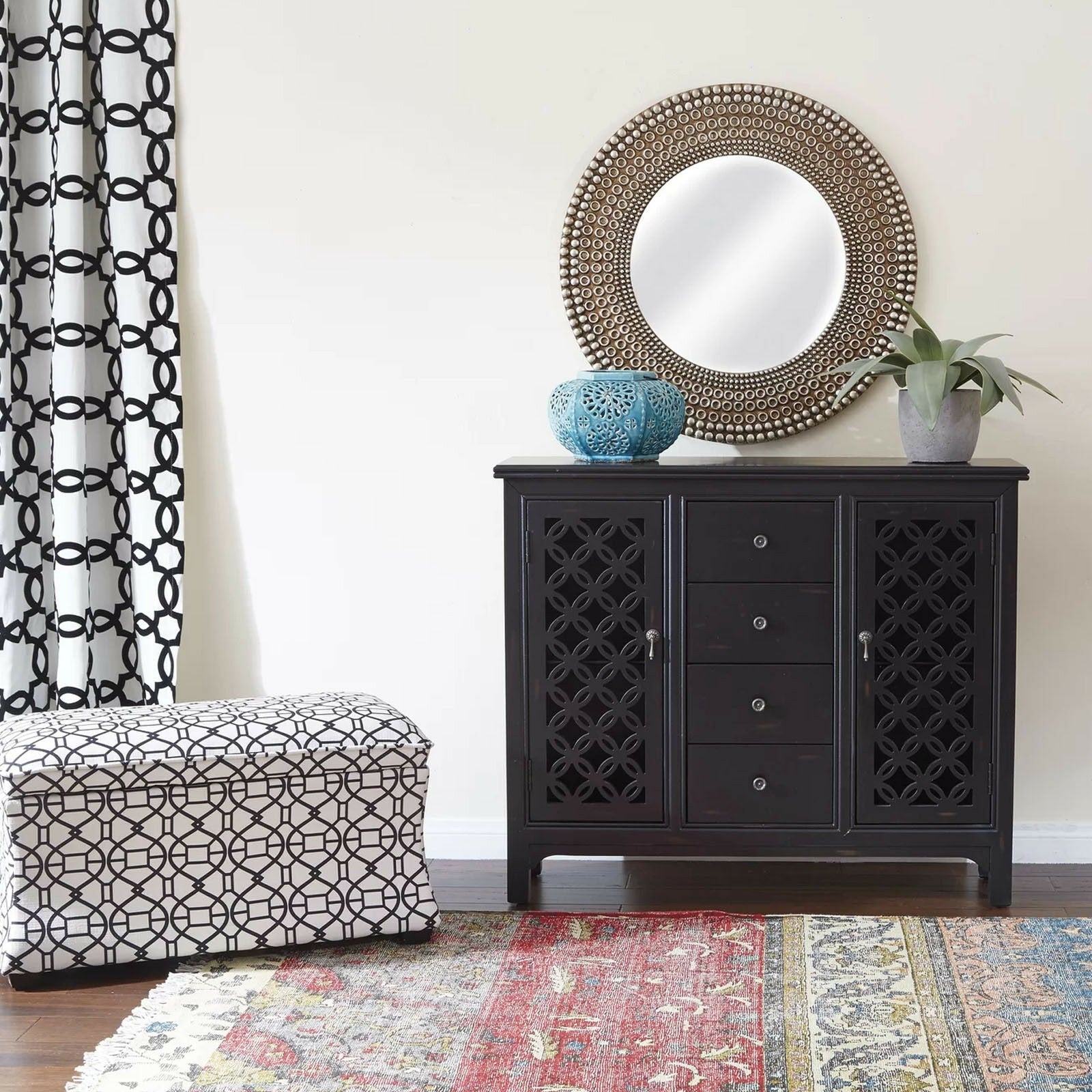 Hand Carved JALI Door Solid Wood Sideboard - Black | Traditional Indian Wooden Cabinet for Living Room, Dining Room & Entryway Decor