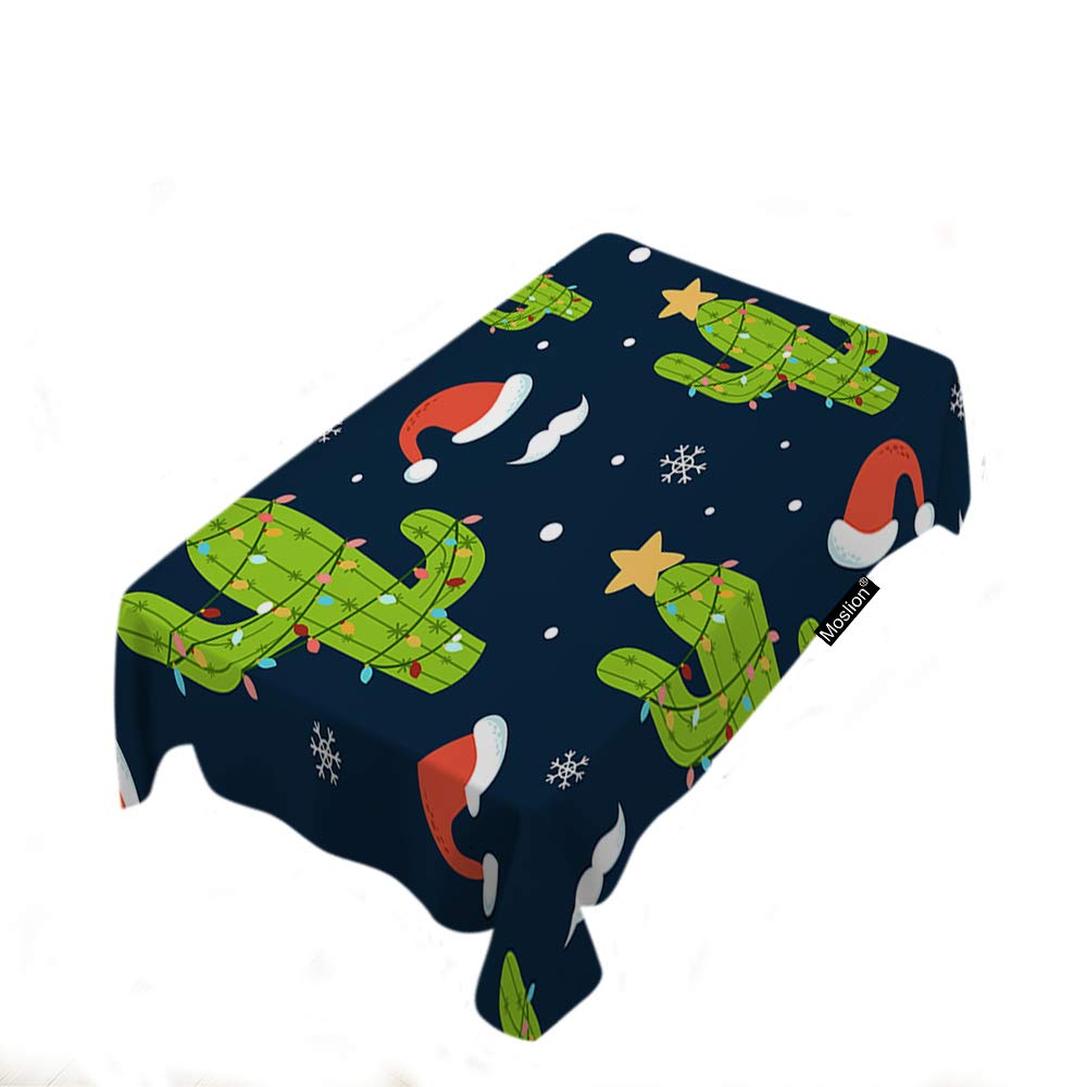 Moslion Christmas Cactus Tablecloth - 52x70 Inch Colorful Holiday Design with Santa Hat, Mustache & Snowflake Patterns - Durable Polyester Rectangular Table Cover for Kitchen, Picnic, BBQ & Party Decorations