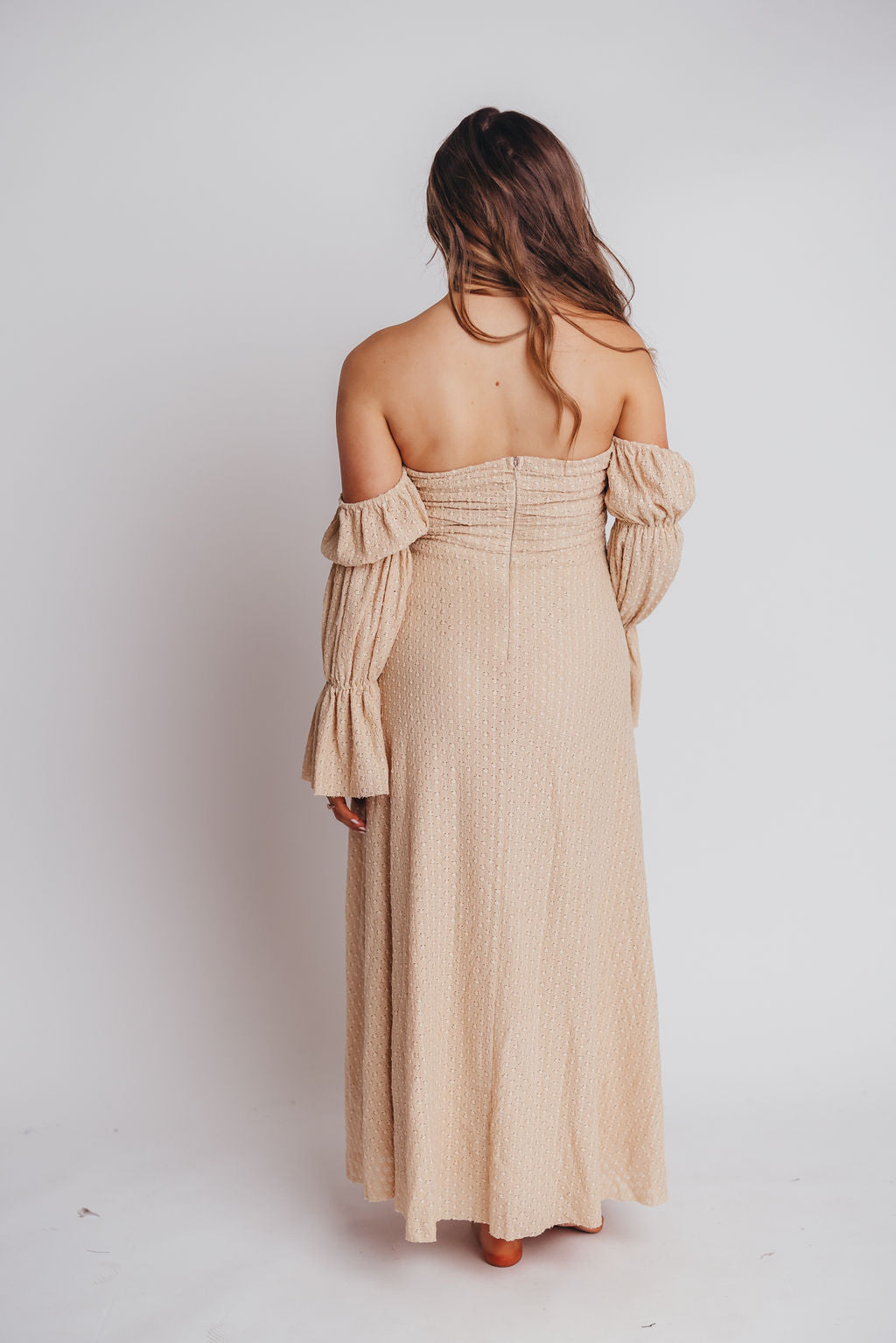 Corrine Tiered Sleeve Maxi Dress with Pockets - Bump Friendly Maternity Dress in Beige | Perfect for Pregnancy, Nursing, and Special Occasions