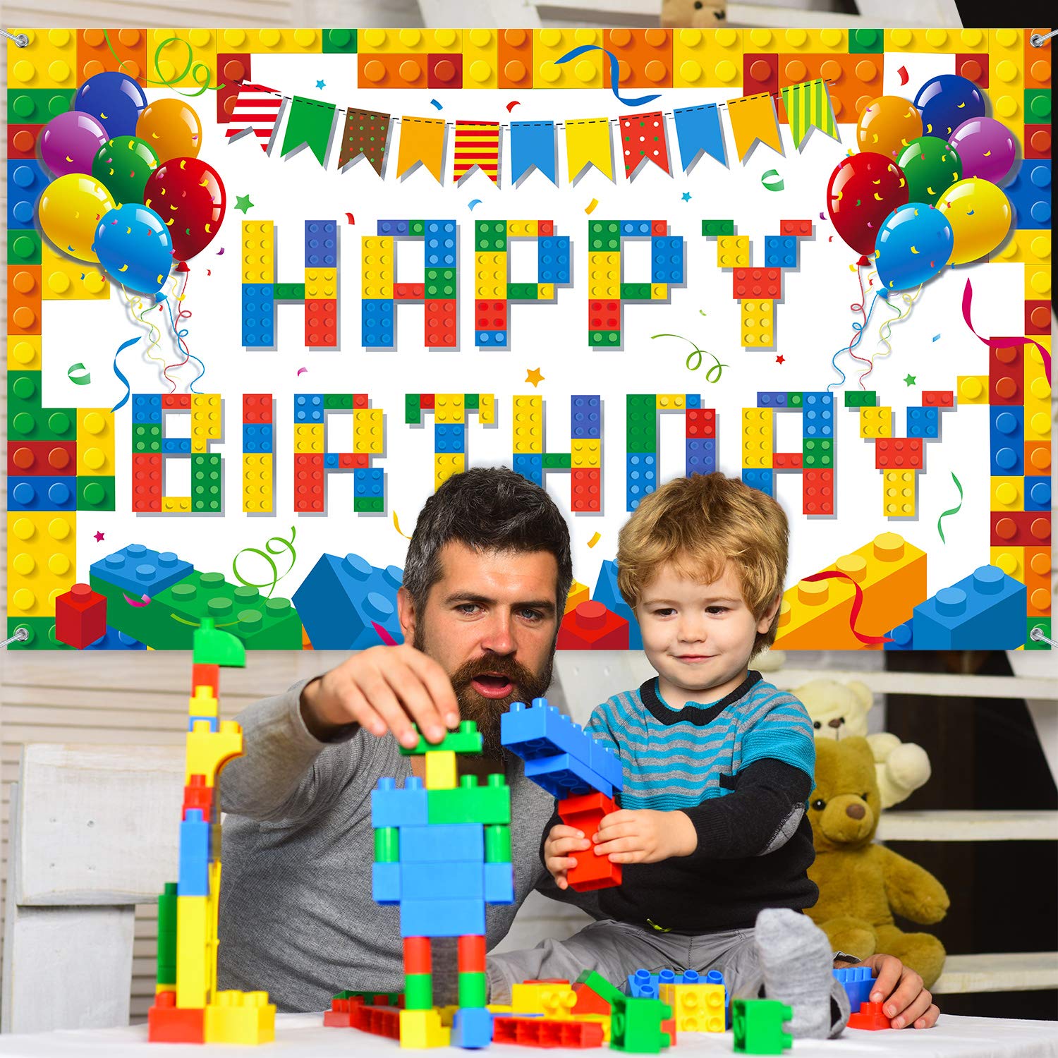 Tatuo DIY Building Block Birthday Banner - 72.8 x 43.3 Inch Party Backdrop for Photography, Lego Theme Decorations | Perfect for Kids Birthday Parties, Baby Showers & Classroom Celebrations