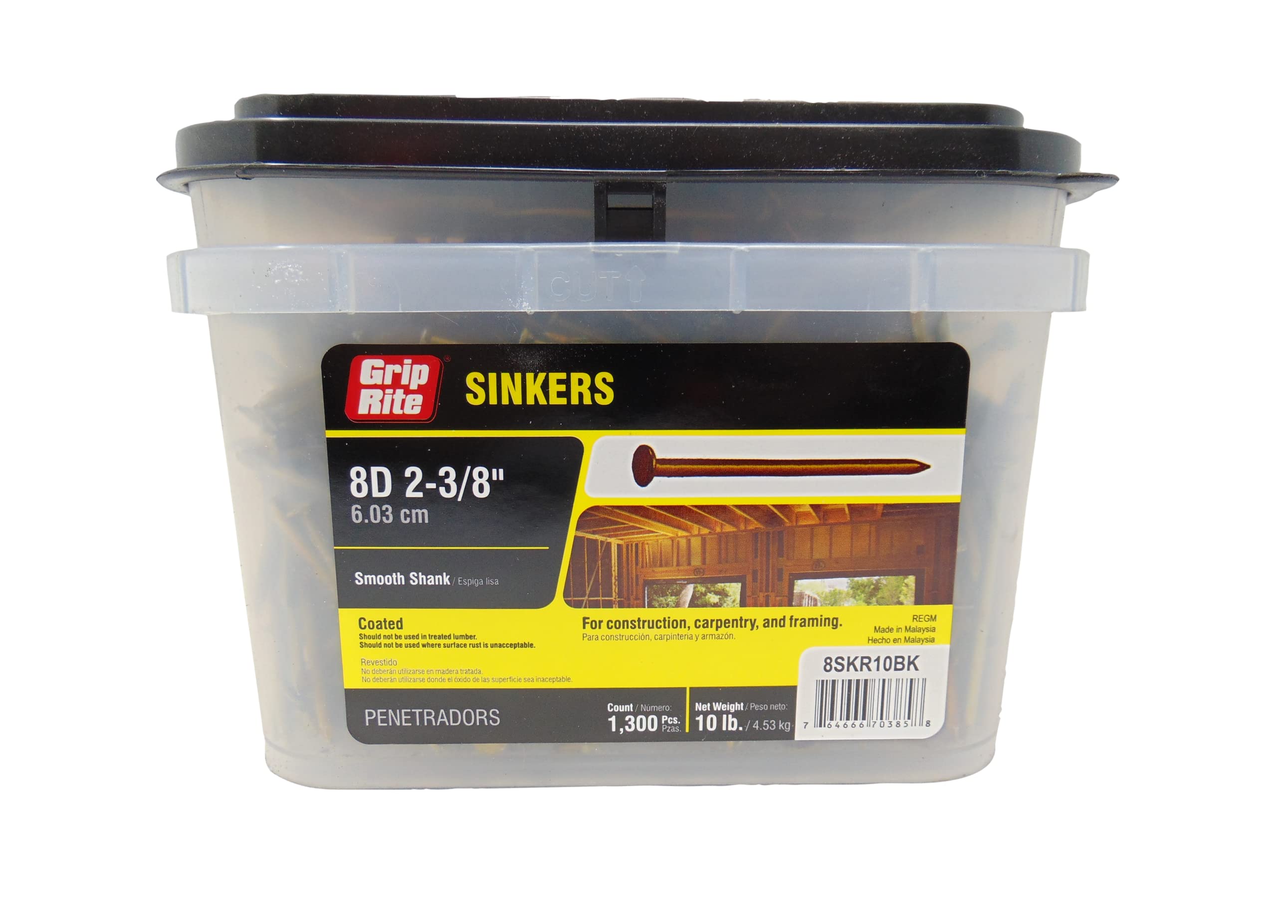 Grip Rite 8SKR10BK 8D 2-3/8-Inch Smooth Shank Sinkers, 1,300 Count, 10lbs – Ideal for Framing, Decking, and General Construction Projects