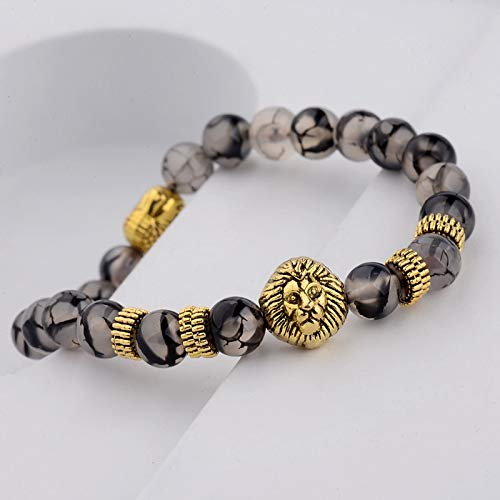Ochoos Gold Buddha & Lion Head Beaded Bracelet - Lava Onyx Natural Stone Stretch Yoga Bracelet for Men & Women - Spiritual Jewelry for Meditation, Yoga & Daily Wear (Metal Color: AB057)