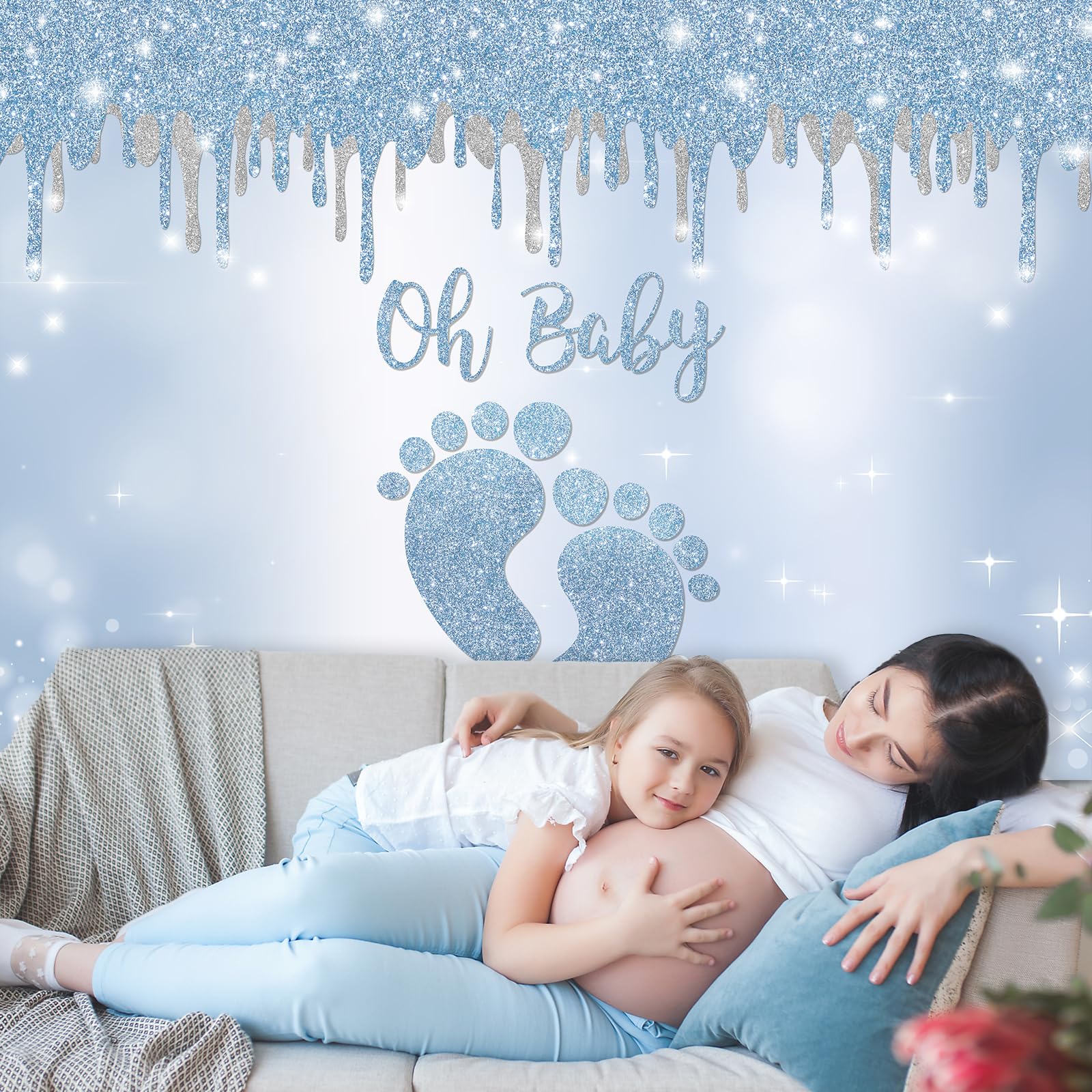 Blue Silver Baby Shower Backdrop with Little Feet Design - 7x5ft Photo Booth Background for Boy's Footprint Themed Party Decorations | Perfect for Baby Showers, Gender Reveals & Nursery Photography