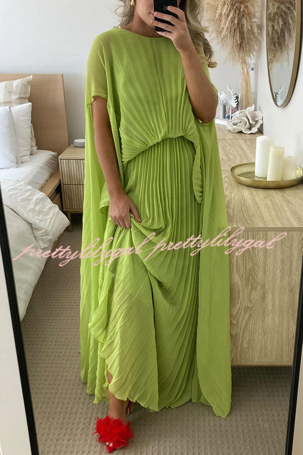 Spring Whispers Chiffon Pleated Wide Sleeve Volume Maxi Dress | Flowy Elegant Long Dress for Women | Perfect for Weddings, Parties & Summer Vacations