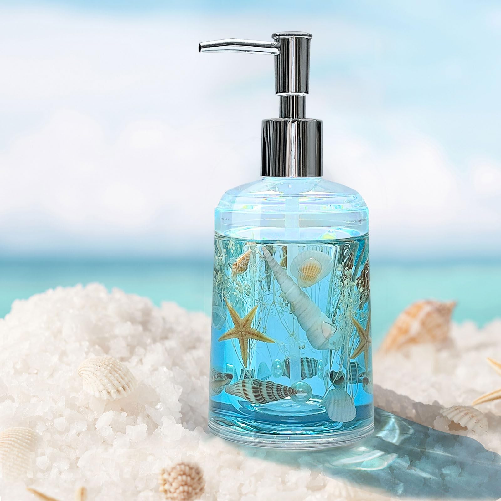 FONMY Acrylic Soap Dispenser with Pump - Handmade Seashell Design for Bathroom & Kitchen - Refillable for Liquid Soap, Dish Soap & Lotion (Blue) | Perfect for Coastal Decor, Spa Bathrooms & Farmhouse Kitchens