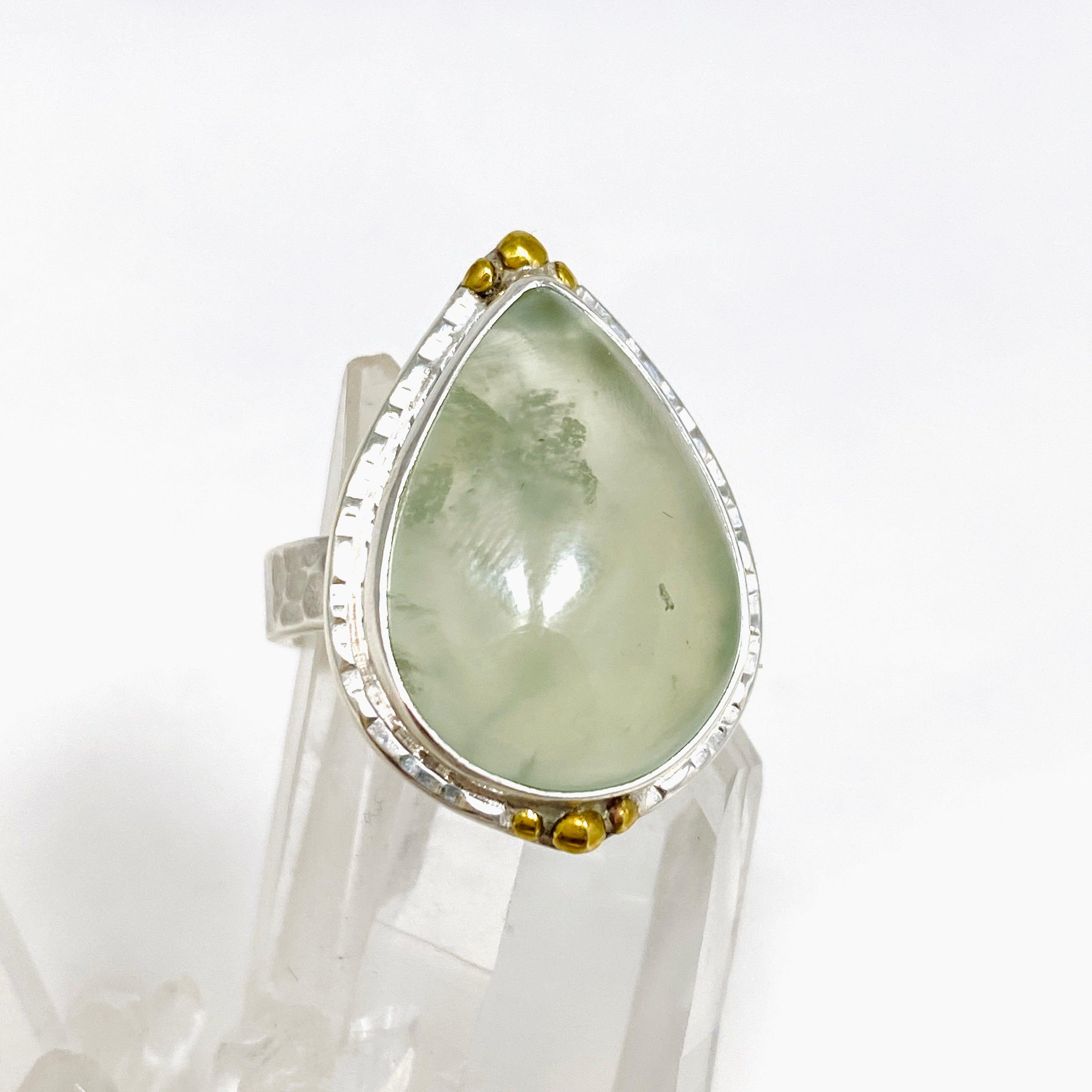 Prehnite Teardrop Hammered Band Ring with Brass Accents - Size 7 KRGJ3160 | Boho Chic Jewelry for Women, Perfect for Everyday Wear & Special Occasions