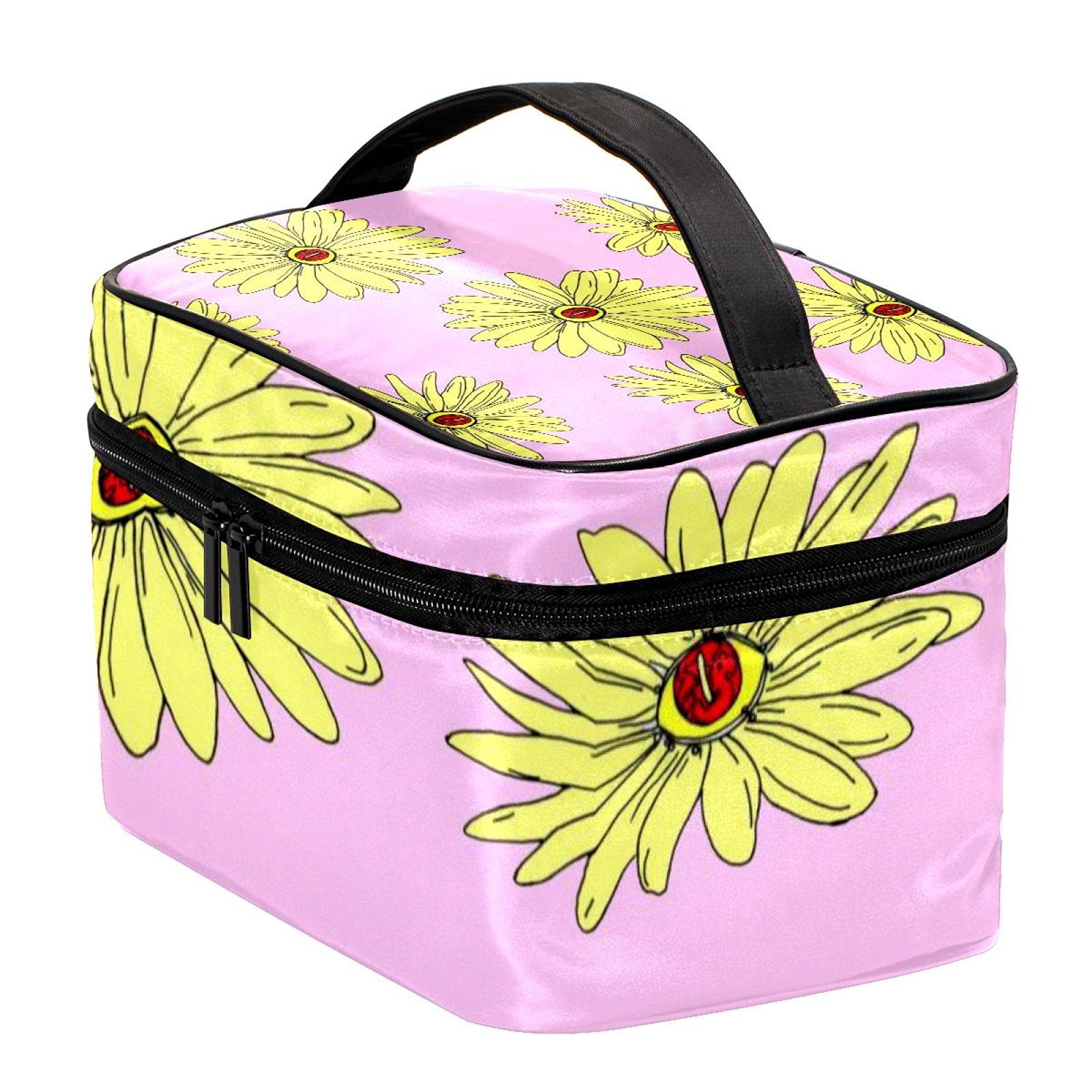 **Yellow Sunflowers Pink Pattern Large Travel Makeup Bag for Women & Girls – Waterproof Cosmetic Organizer with Zipper, Perfect for Toiletries, Gym, and Vacation**