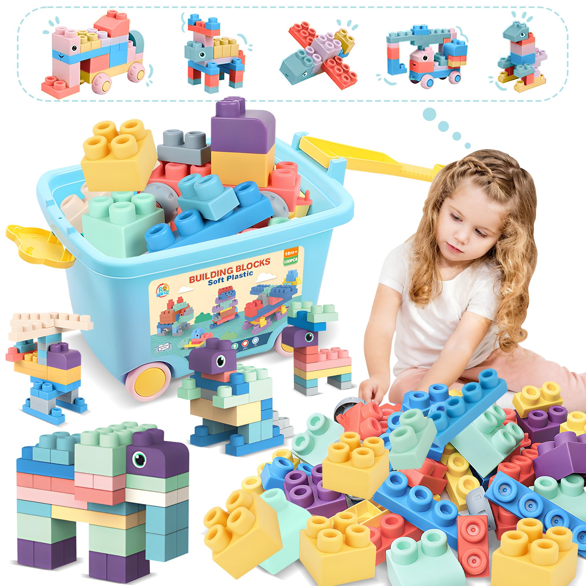 100PCS Soft Rubber Baby Building Blocks Set with Storage Bucket - STEM Educational Toys for Toddlers & Preschool Kids - Sensory Stacking Blocks to Boost Creativity - Perfect for Daycare, Birthday Gifts & Early Learning Activities