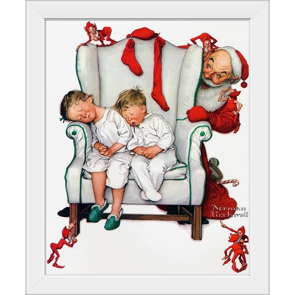Santa Filling Stockings White Framed Christmas Art Print - Holiday Home Decor for Living Room, Bedroom & Office Wall Art