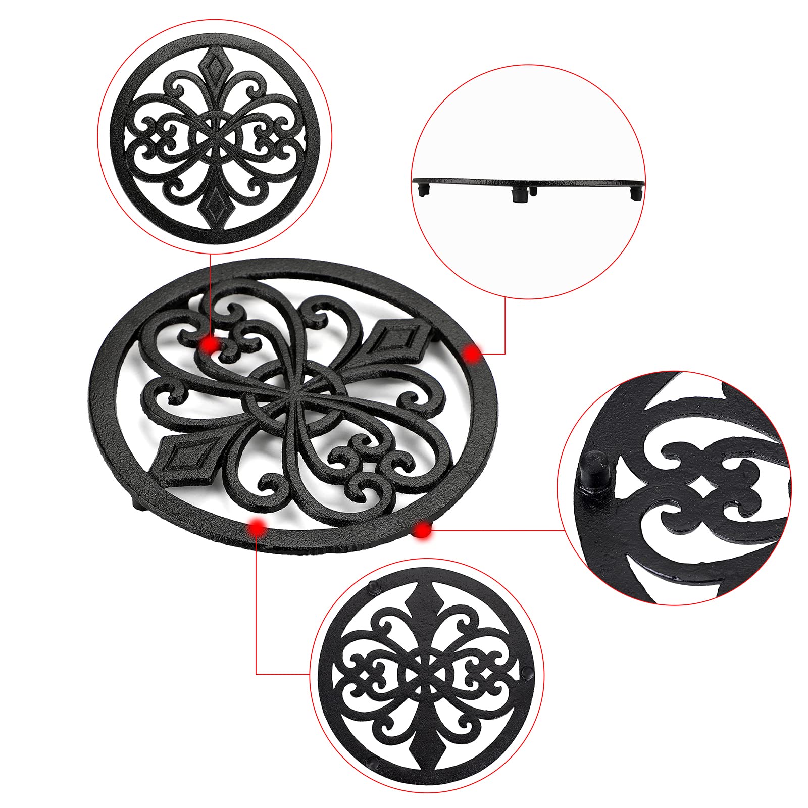 Sumnacon 2-Pack 8 Inch Round Cast Iron Trivets - Heat Resistant Hot Plate Holders for Pots, Pans, Dishes & Teapots - Rustic Kitchen Countertop Protectors for Dining Table, Stovetop & Cooktop Use