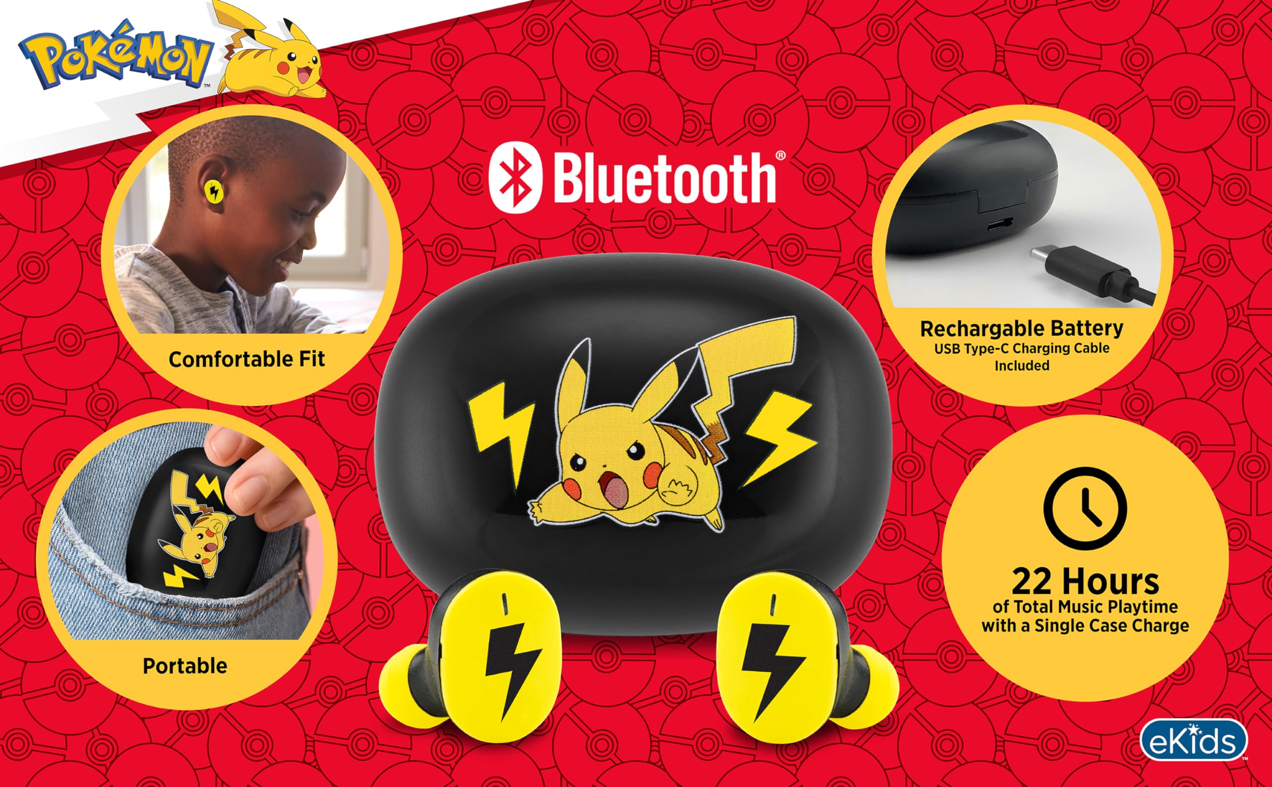 eKids Wireless Bluetooth Earbuds with Microphone & Charging Case - Noise Cancelling Headphones for School, Home, Travel & Gaming (Pokemon Edition) | Perfect for Online Classes, Workouts & Commuting