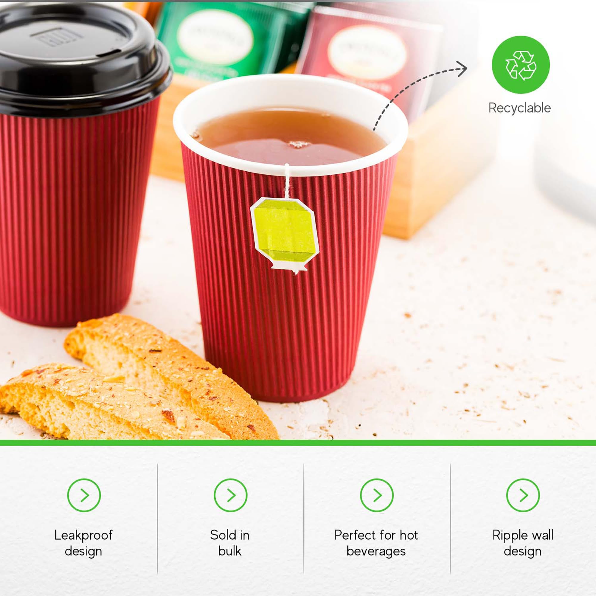 500 Pack 12 oz Disposable Coffee Cups with Ripple Wall - Insulated Paper Hot Cups for Coffee, Tea & Hot Beverages - Rolled Rim Design, Lids Sold Separately (Crimson) - Perfect for Cafes, Offices & Catering Events