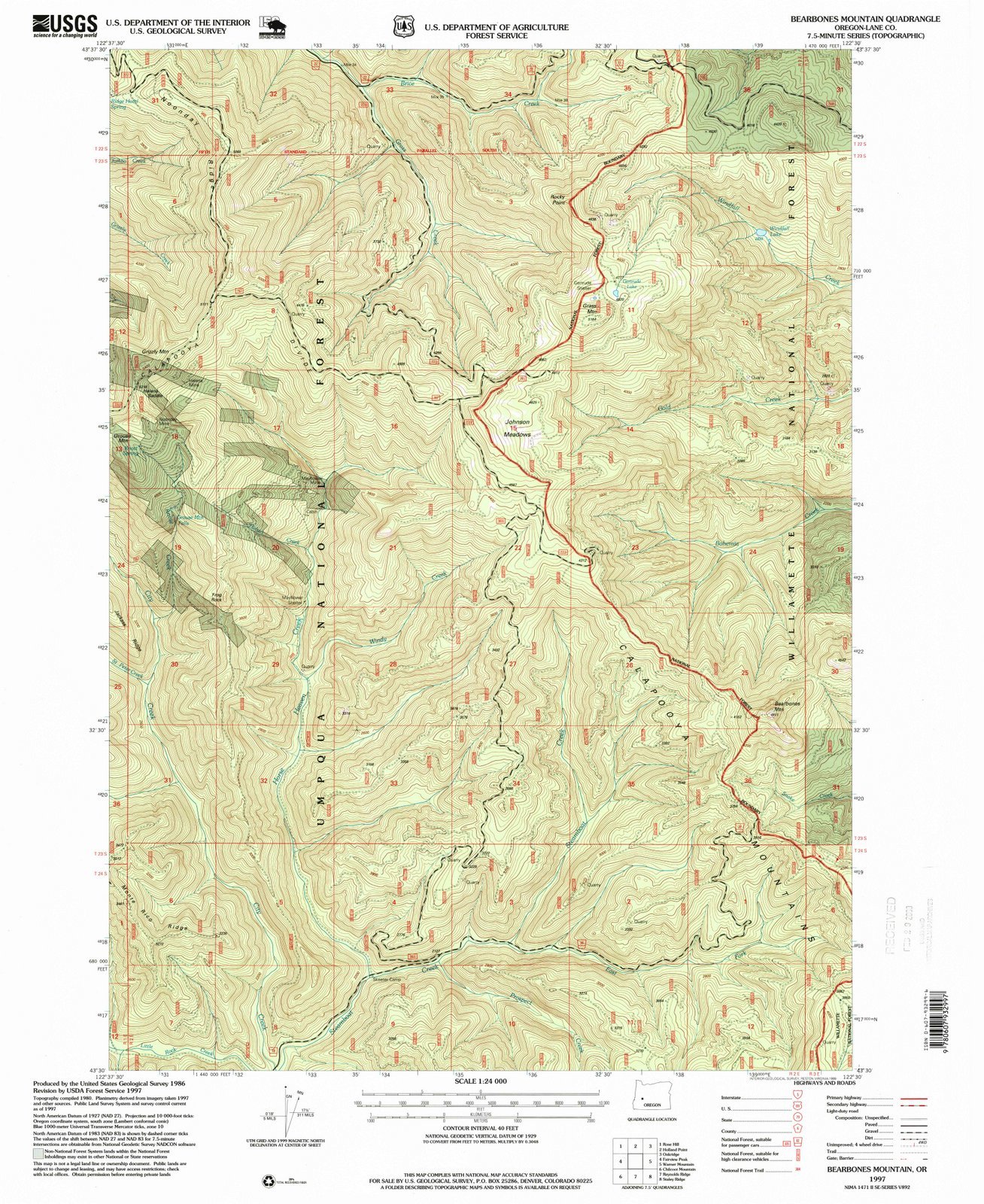 1997 Bearbones Mountain Oregon USGS Historical Topographic Map - 44x55 Inch Large Wall Art Decor - Vintage Map for Home Office, Classroom & Cabin Decor