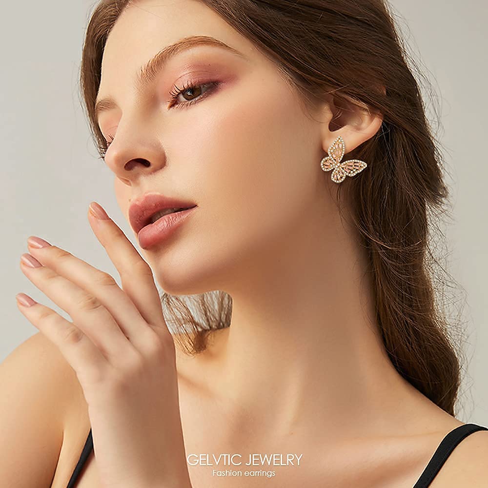 Sparkling Rhinestone Butterfly Bow Earrings for Women - Gold Crystal CZ Drop Dangle Earrings | Cubic Zirconia Sterling Silver Stud Earrings | Hypoallergenic Valentine's Day Jewelry Gift for Mom, Brides, Prom & Wedding | Perfect for Date Night, Parties & Special Occasions