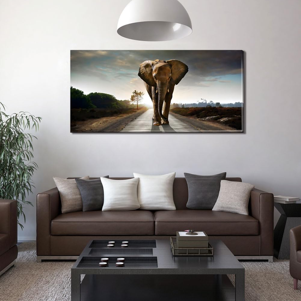 Black and White Elephant Canvas Wall Art - Large Modern Walking Animal Painting for Home & Bedroom Decor | Perfect for Living Room, Nursery & Office